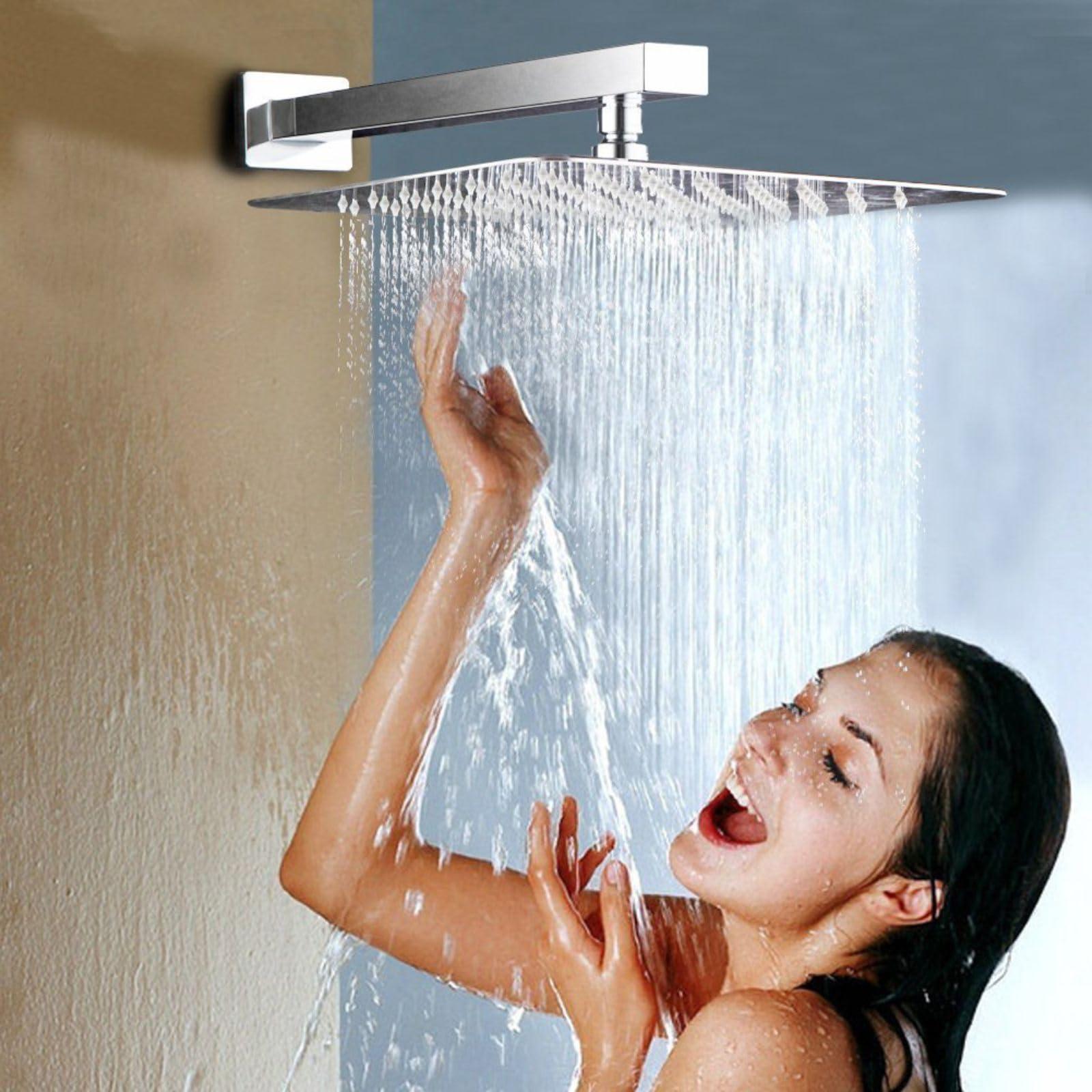Voolan All Metal Shower Head with Extension Arm, Stainless Steel Waterfall Rainfall Showerheads, High Flow Bathroom Square Rain Shower Head (10’’ Shower Head with 16’’ Shower Arm, Brushed Nickel) - Image 2