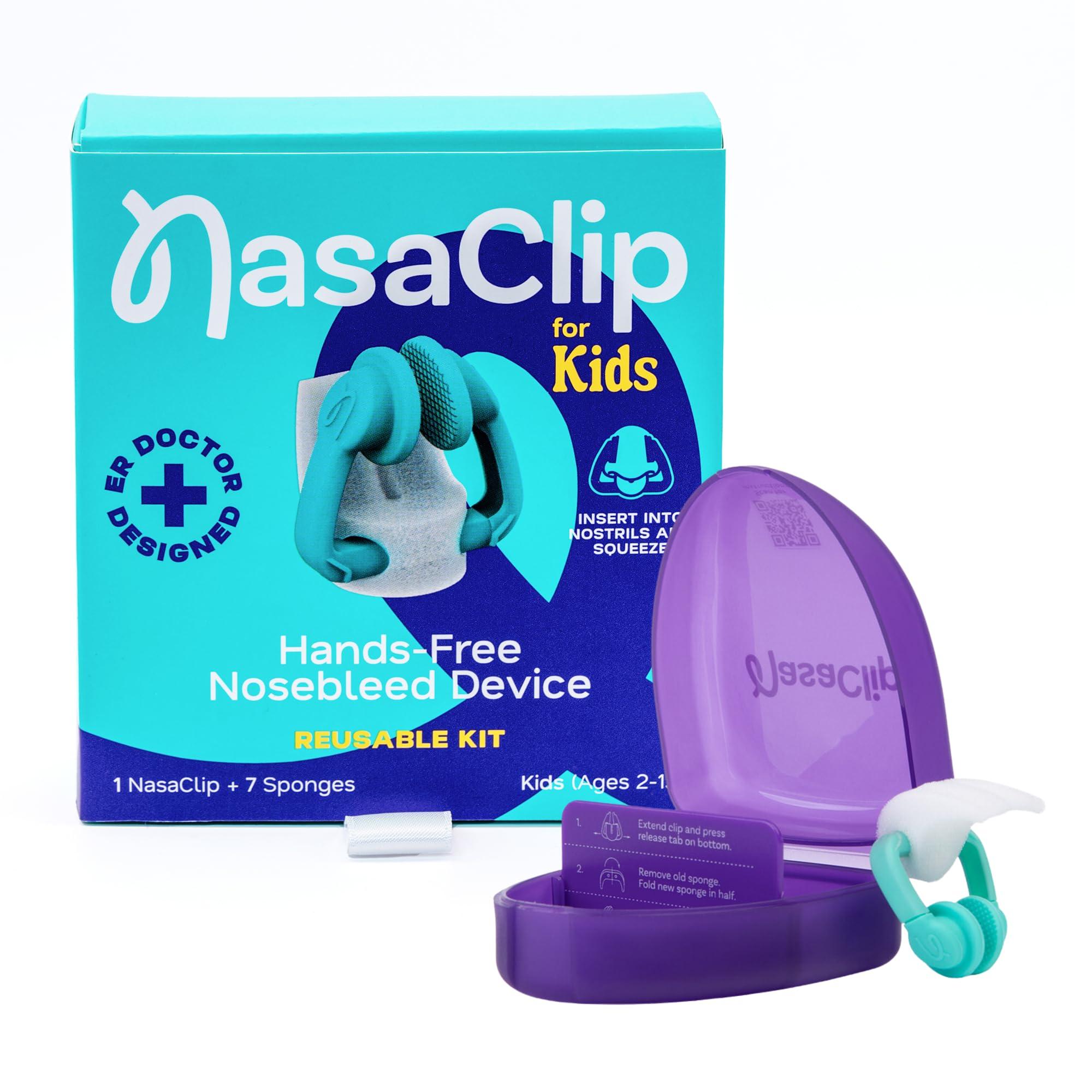 NasaClip Nosebleed Treatment for Kids 2-13 – Hands-Free Nasal Relief, Stop a Nosebleed Fast – ER Doctor Designed for Healthcare Pro, Sports or Home Use – 1 Reusable Device with 7 Sponges & Case