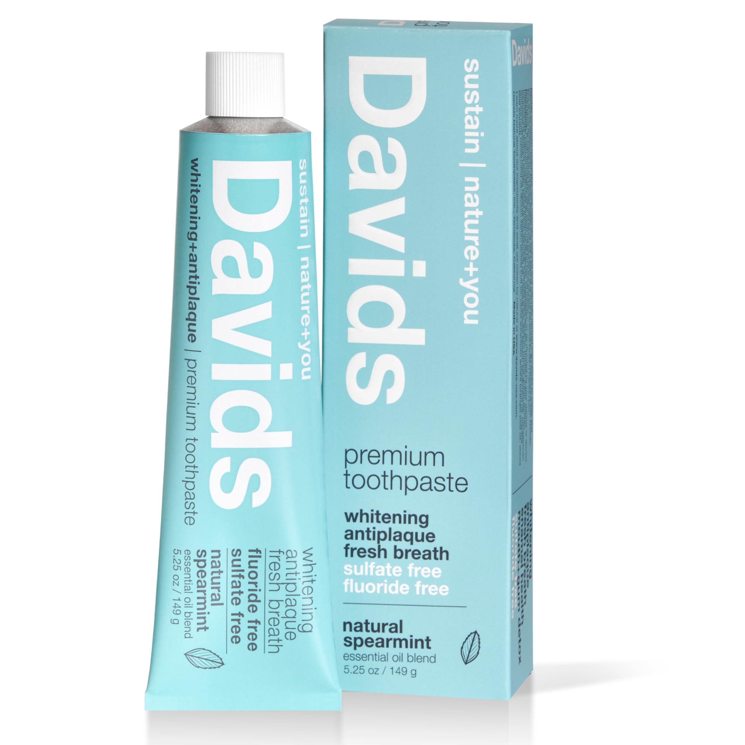 Davids Fluoride Free Toothpaste, Teeth Whitening, Antiplaque, SLS (Sulfate) Free, Promotes Enamel Health, Mouth & Gum Detox, EWG Verified, Natural Spearmint, 5.25oz, Made in USA