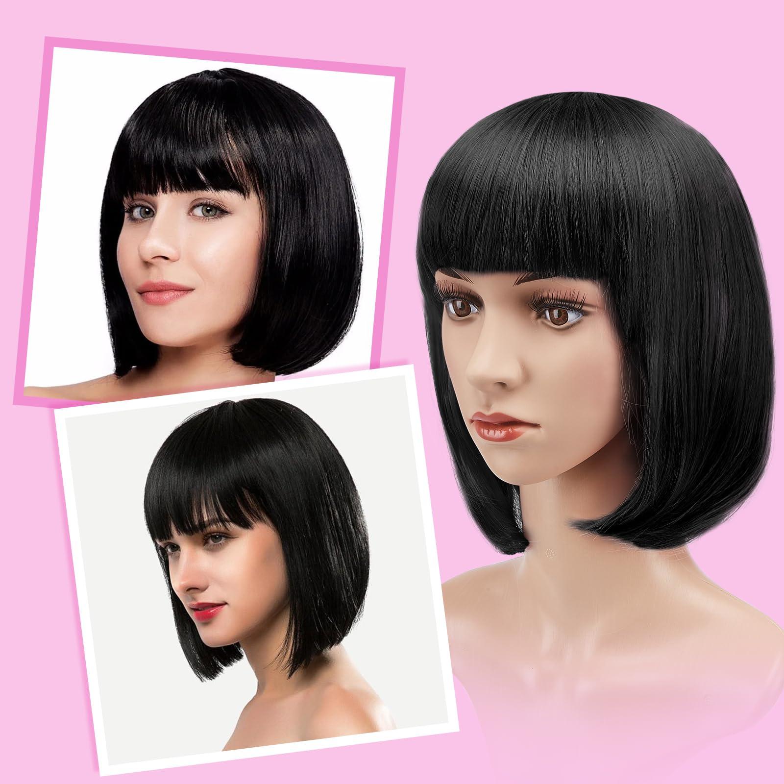 AGPTEK 13 Inches Straight Heat Resistant Short Bob Hair Wigs with Flat Bangs for Women Cosplay Daily Party - Black - Image 6