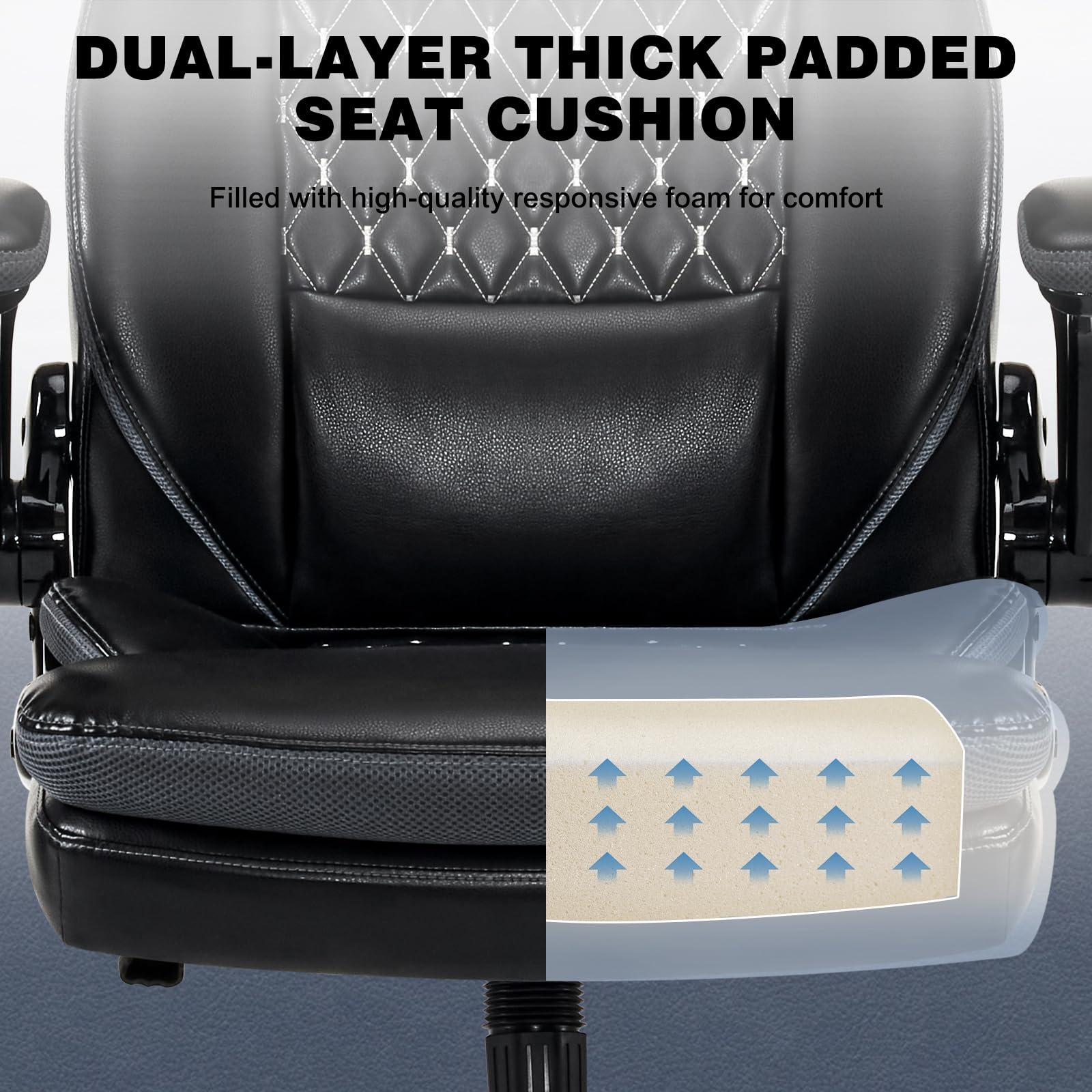Executive Office Chair, Ergonomic Leather Office Chairs with Lumbar Support Flip-up Arms, Swivel Rolling High Back Comfy Computer Desk Chair for Home Office Furniture Conference Room, Black - Image 4