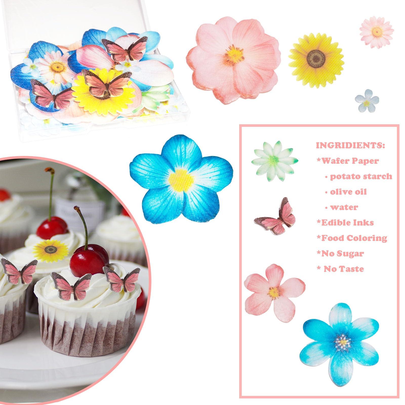 Topapfo 55pcs Edible Flower Butterflies Cake Toppers Cupcake Toppers Wafer Paper Cake Decorations for Themed Party Wedding Bridal Shower Birthday Decorations - Image 4