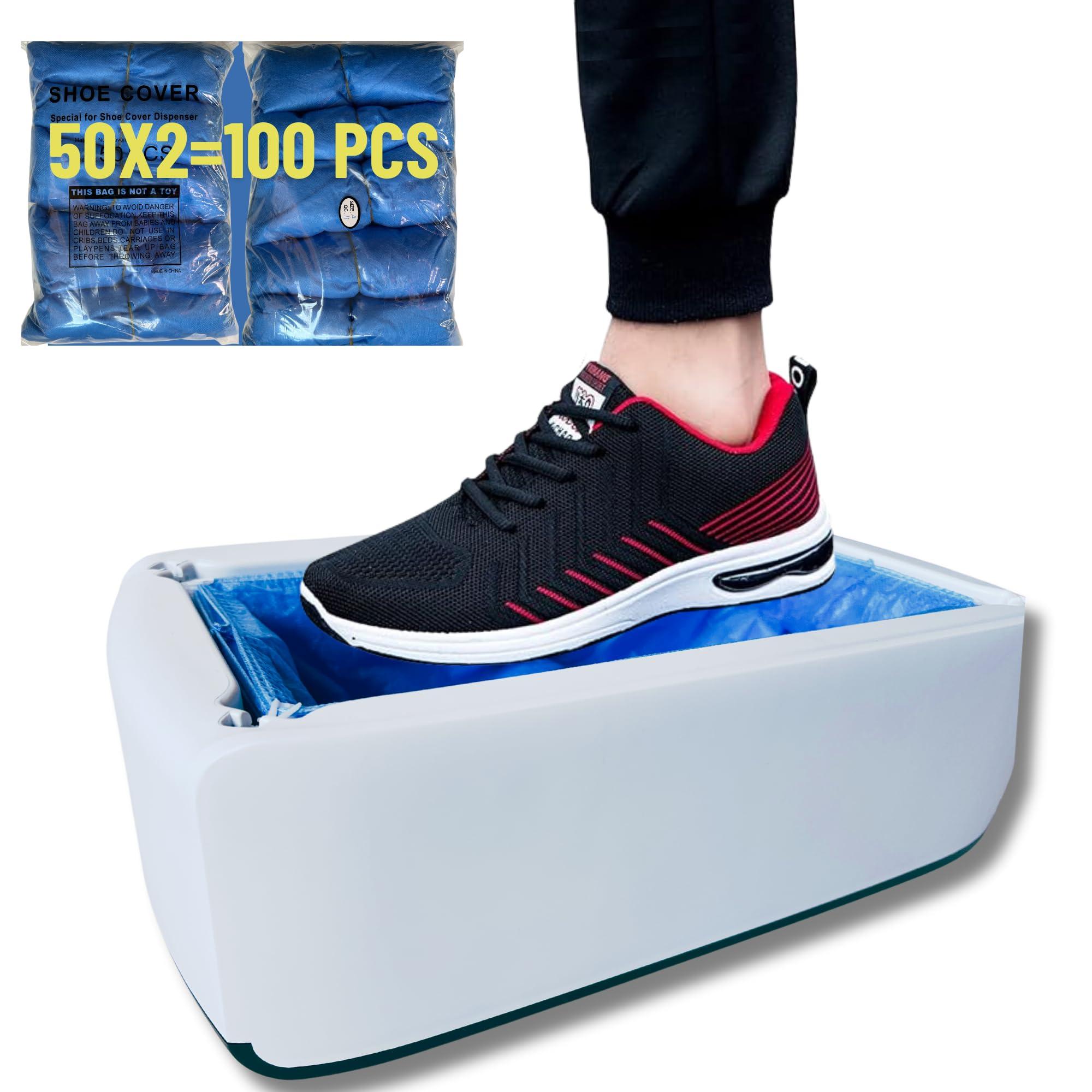 Shoe Cover Dispenser with 100pcs Disposable Non-woven Booties, Durable Shoe Cover Machine, Fits US Men Size Up to 11, Easy for Indoor Use, Estate Showings (white)