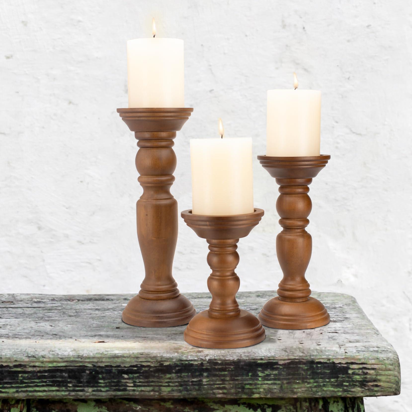 Rustic Wooden Pillar Candle Holders Set of 3, 12'' 9'' 6'' Farmhouse Wood Candle Stand for Table Centerpieces, Vintage Tall Candleholders Fireplace Mantel Decor for Living Room, Brown - Image 4