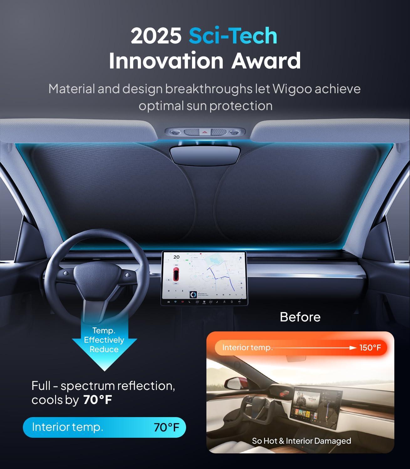 Wigoo 2025 Tesla New Model Y Accessories Windshield Sunshade [OEM Design, 100% Sun Blockage] Foldable Heat Insulation Sunshade with Storage Bag, for Model Y 2016~2026 (Juniper), Silver Coating - Image 2