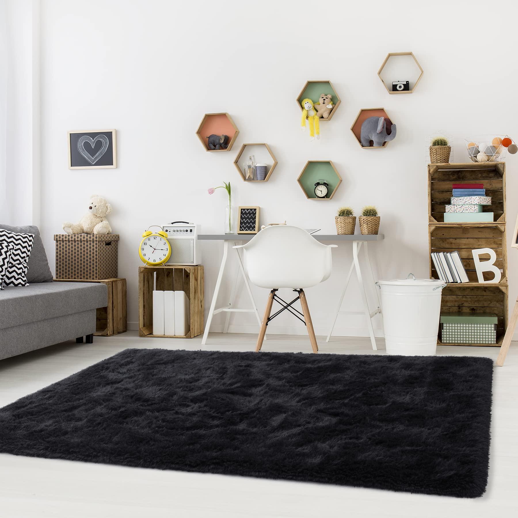 Noahas Fluffy Black Area Rugs for Bedroom Living Room,4x5.3 Feet Thick Shag Throw Floor Carpet,Soft Shaggy Non-Slip Plush Dorm Nursery Kids Rug Home Decor Aesthetic - Image 6