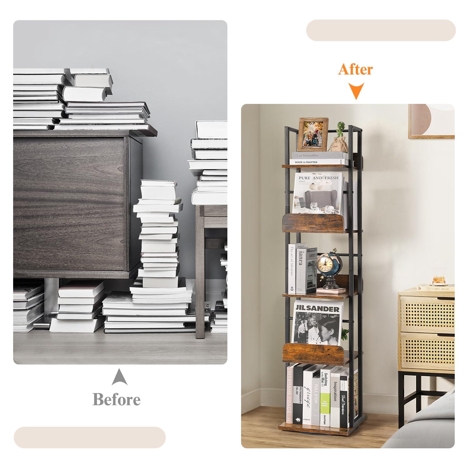 Bikoney Rotating Bookshelf, 360 Display Spinning Bookshelf Tower, 5-Tier Narrow Bookcase, Tall Industrial Book Shelf Organizer, Small Corner Book Shelves for Living Room, Black - Image 7