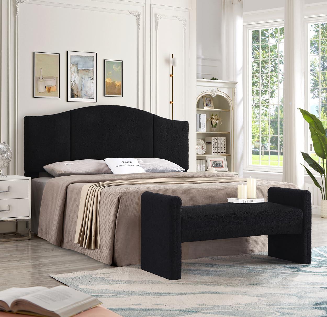 24KF Modern Boucle Teddy Lovely Bench, Upholstered Bed Ottoman With Armrest - Black - Image 9