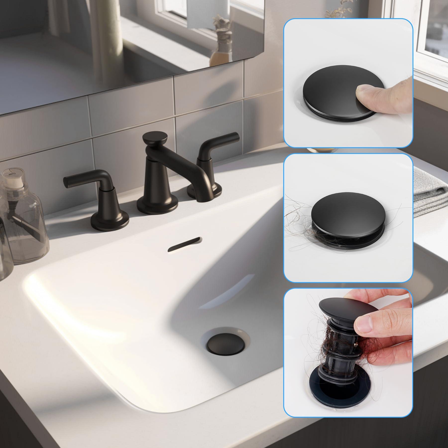 Hibbent 2 Pack Universal Bathroom Sink Drain Stopper, Pop Up Drain Strainer with Overflow, Push and Seal Sink Plug with Basket for Lavatory Vanity Vessel, Anti-Clogging Strainer, Matte Black - Image 9