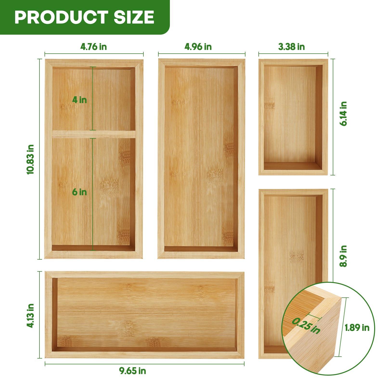 Bamboo Drawer Organizer Set, 5 PCS Multi-Use Individual Wood Storage Organizers, Junk Drawer Divider and Storage Trays Containers for Kitchen, Bathroom, Office Desk, Makeup, Jewelry, Utensils - Image 2