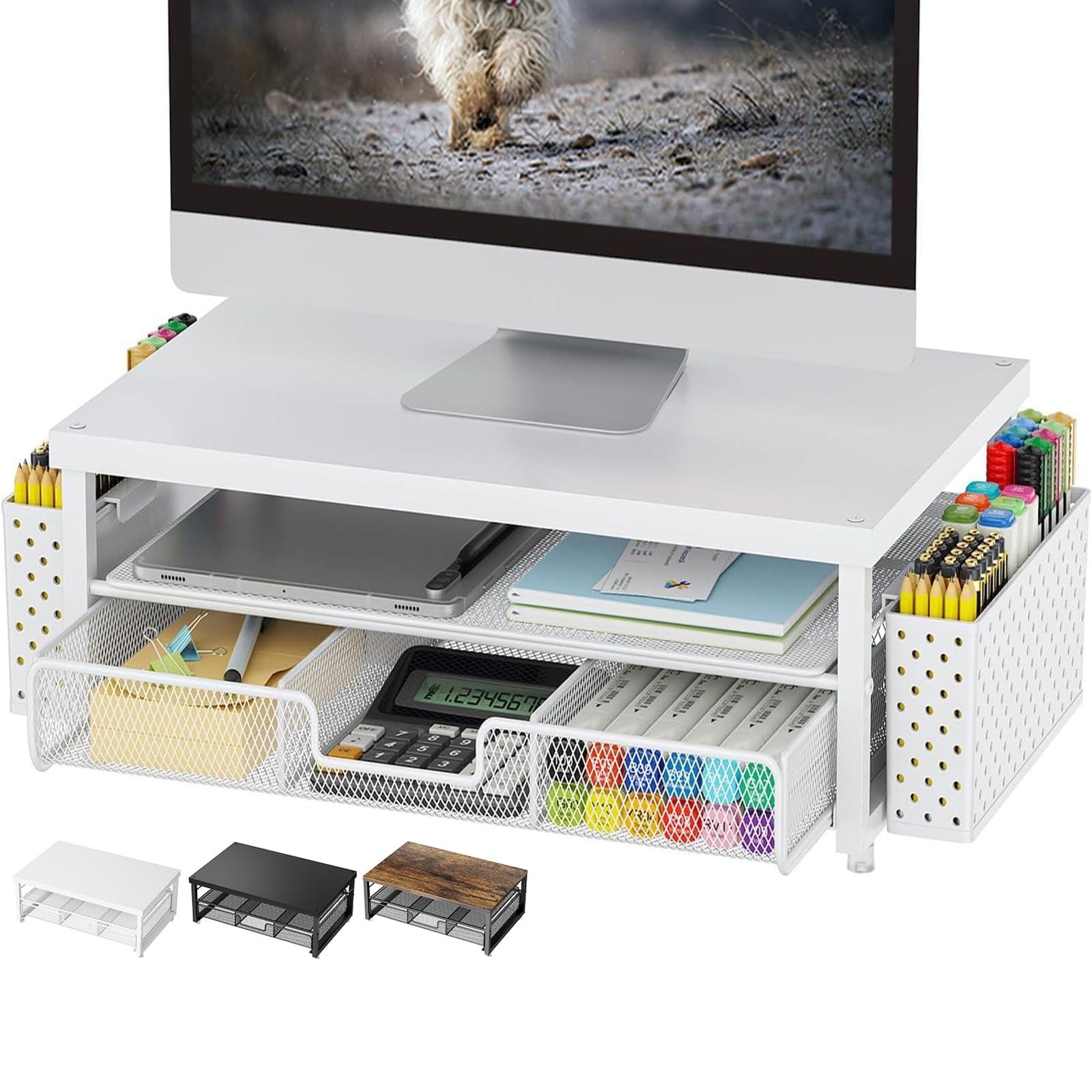 gianotter Monitor Stand Riser, Desk Organizer with Drawer and Pen Holder, 2-Tier Computer Stand, Office Desk Accessories, Office Organization (White Wood + Metal)