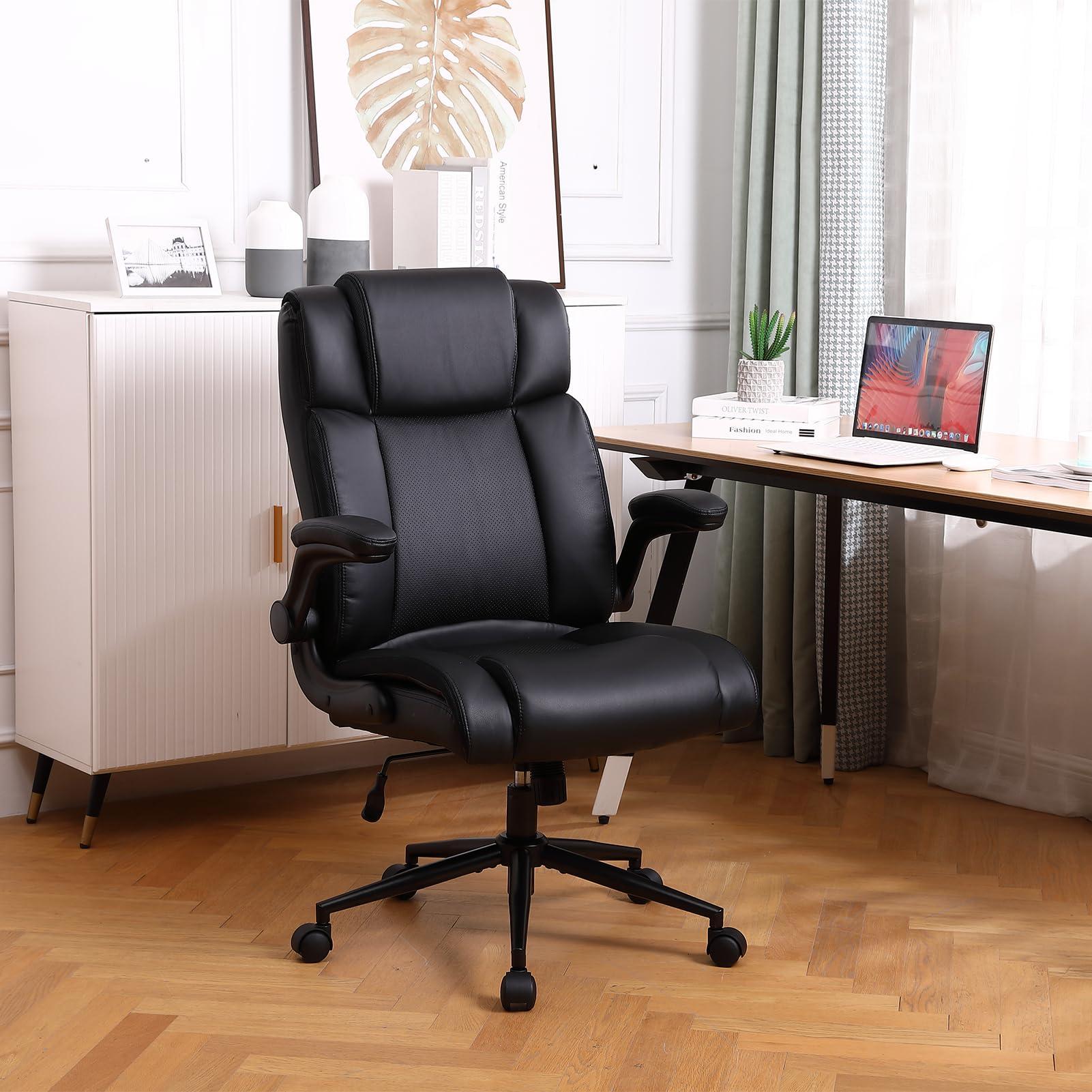Ermnois Executive Office Chair with Thicken Flip-up Armrest, Ergonomic Home Office Desk Chair with Lumbar Support, Upholstered Leather Mid-Back Computer Gaming Chair for Home/Office, Black - Image 2