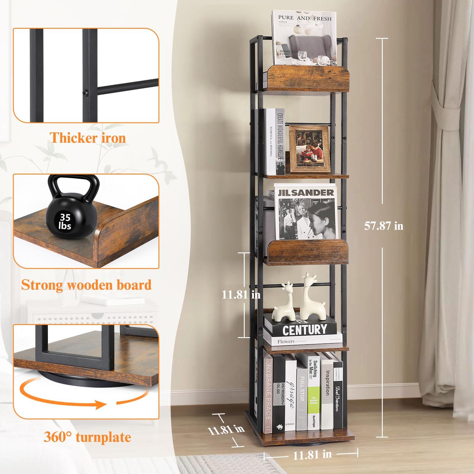Bikoney Rotating Bookshelf, 360 Display Spinning Bookshelf Tower, 5-Tier Narrow Bookcase, Tall Industrial Book Shelf Organizer, Small Corner Book Shelves for Living Room, Black - Image 3