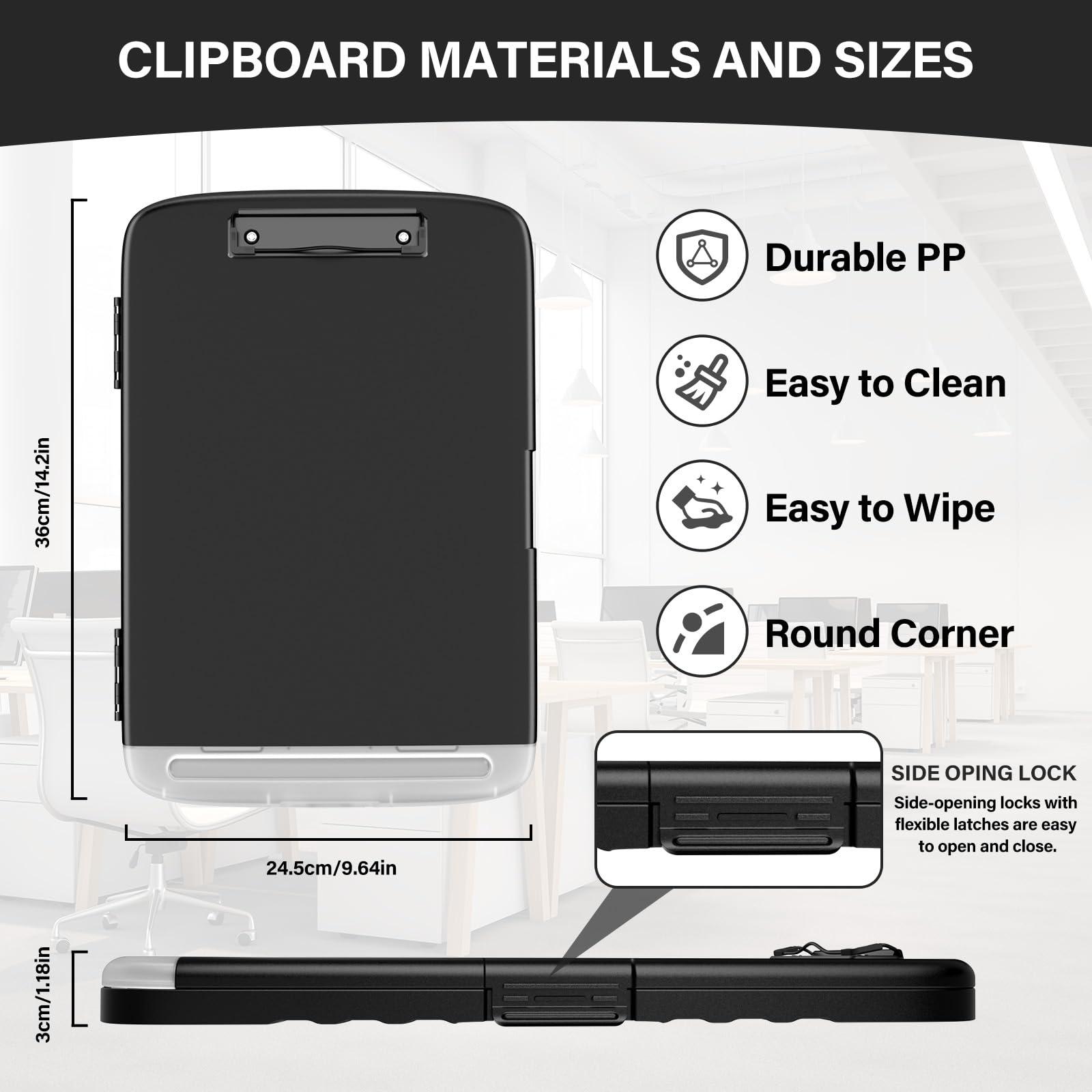 YEAHVIY Clipboard with Storage, Large Capacity Nursing Clipboards with Low Profile Clip, Heavy Duty Plastic Storage Clipboard with Pen Holder, Side-Opening (Black with Black Clip) - Image 4