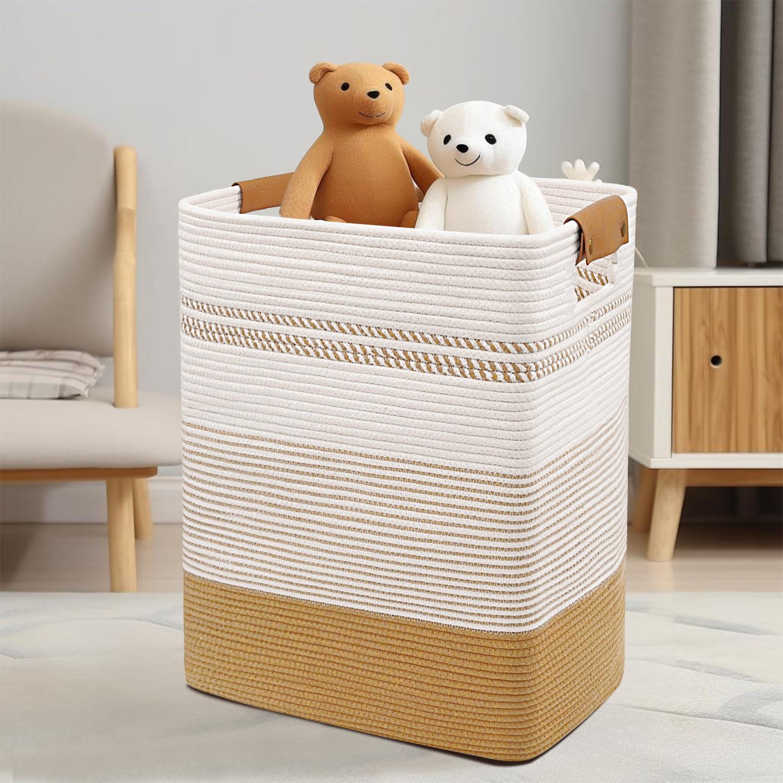 DOFASAYI Laundry Hamper - 85L Large Laundry Basket with Leather Handles, Decorative Storage Basket for Blankets - Clothes Hamper for Living Room, Bedroom, Jute & White - Image 4