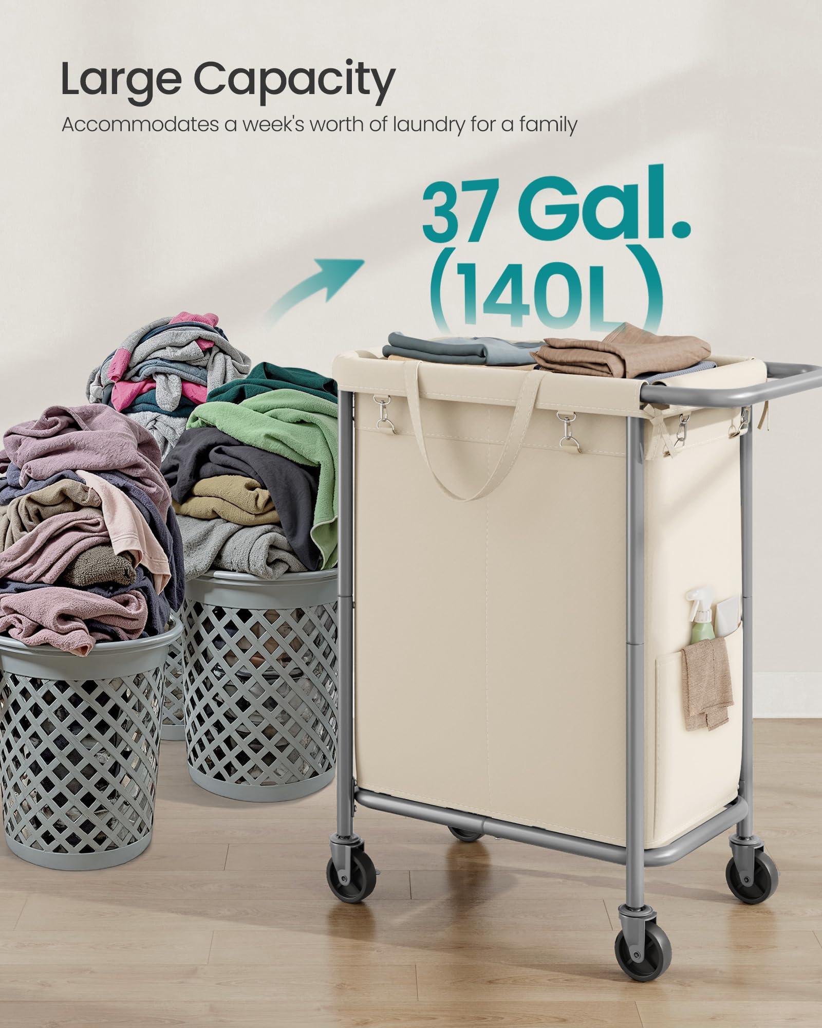 SONGMICS Laundry Basket with Wheels, 2-Section Rolling Laundry Hamper, 37 Gallons (140L), Removable Liner, Steel Frame with Handle, Blanket Storage, 27.2 x 15.4 x 31.9 Inches, Cream White URLS004W01 - Image 4