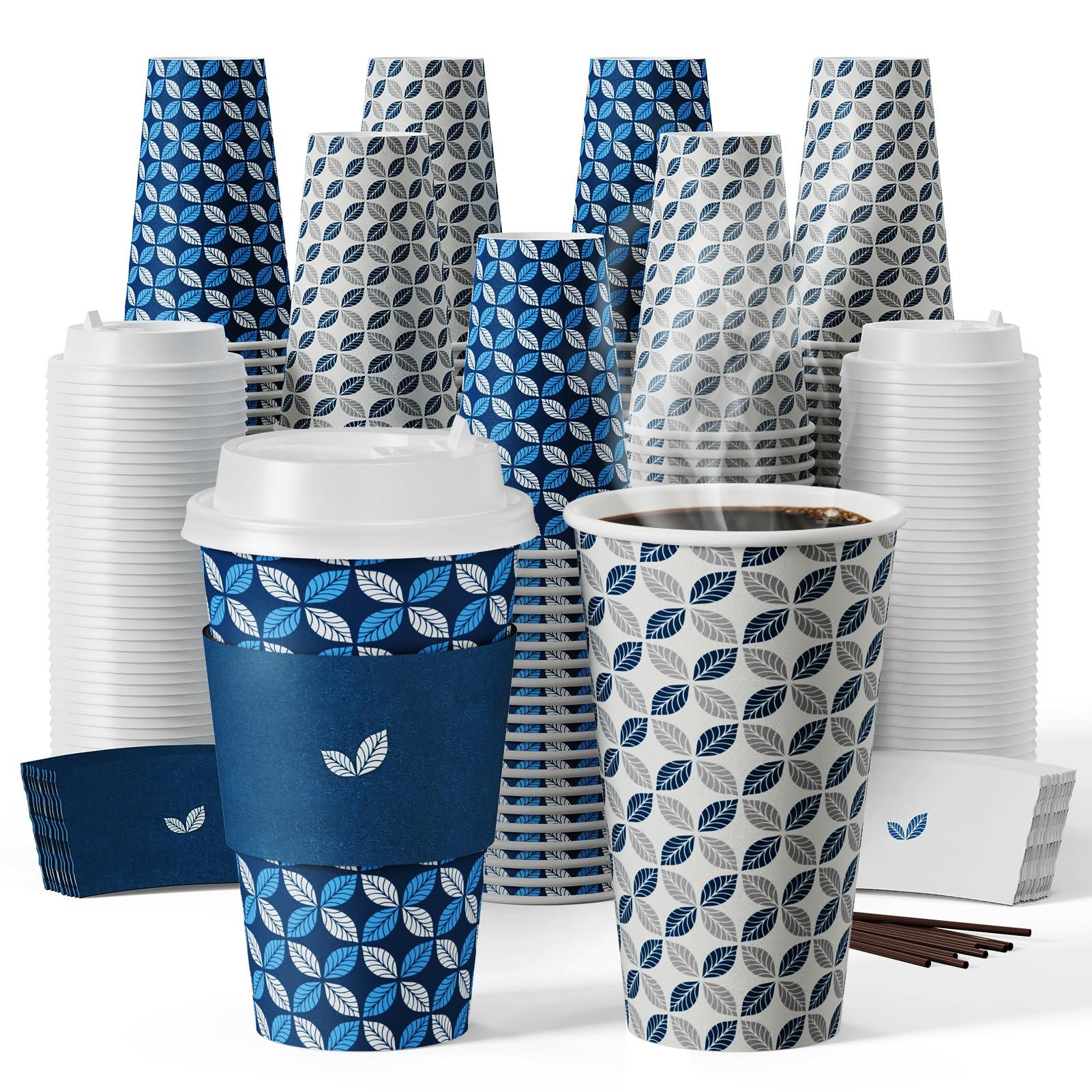 JOLLY CHEF 16 oz Coffee Cups with Lids 100 Pack, Disposable Hot Paper Coffee Cups with Lids, Sleeves and Stirrers (Blue Leaf and Grey Leaf)
