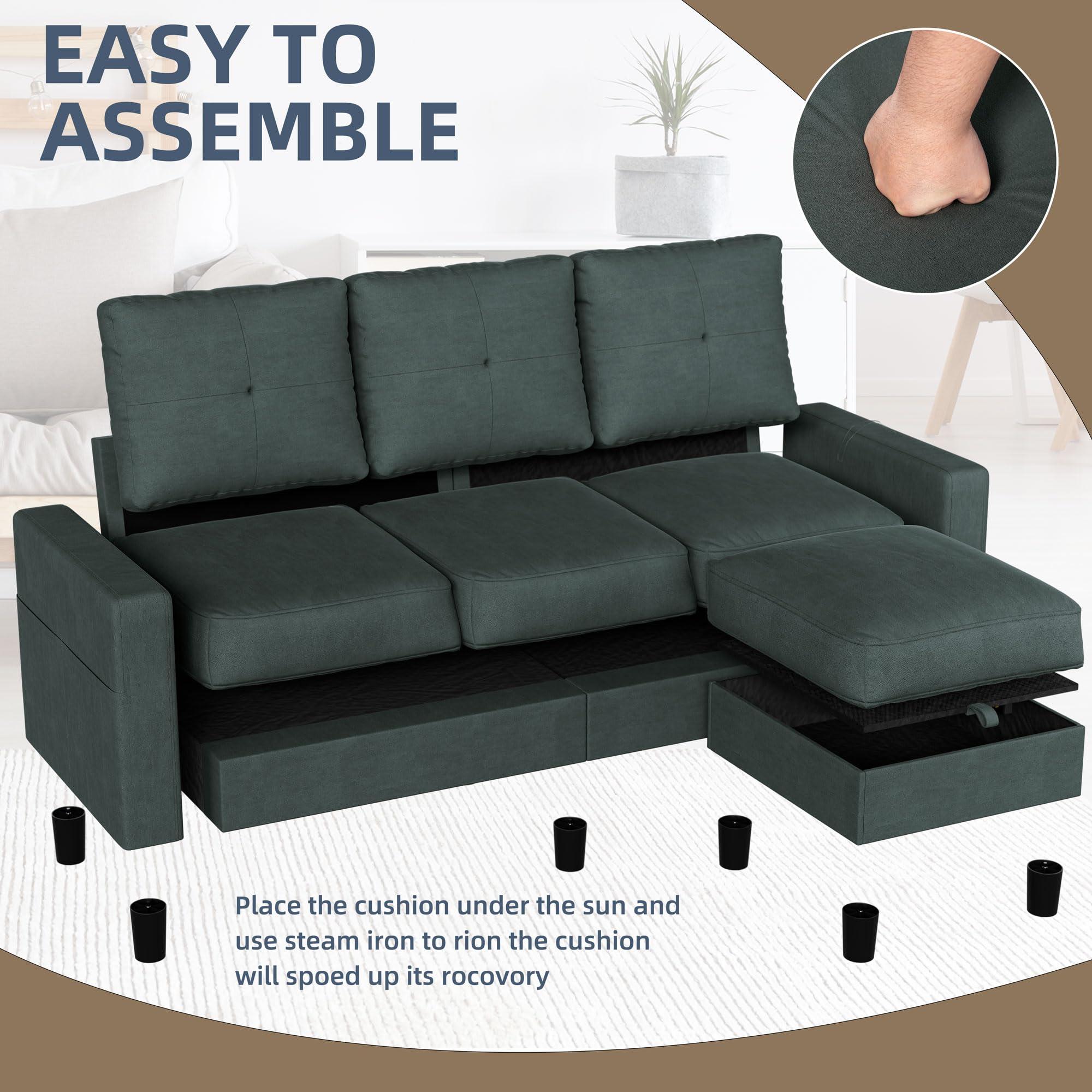 JAMFLY 3-Seat Convertible L-Shaped Sectional Sofa with Ottoman, Polyester Fabric Modular Couch for Small Spaces, Apartments & Office - Space Saving Reversible Design, Blue - Image 7