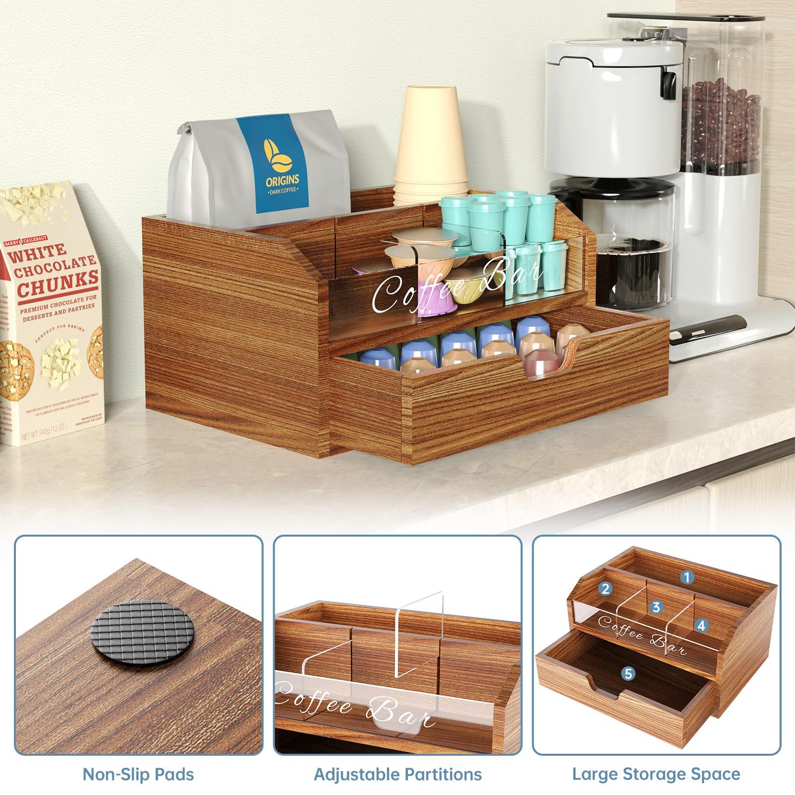 NiHome Solid Wood & Acrylic Coffee Station Organizer with Storage Drawer, Multi-Purpose Adjustable Compartments Coffee Pod Holder for Home, Office, Hotel, Kitchen Counter Storage for Tea, Sugar, Cups - Image 3