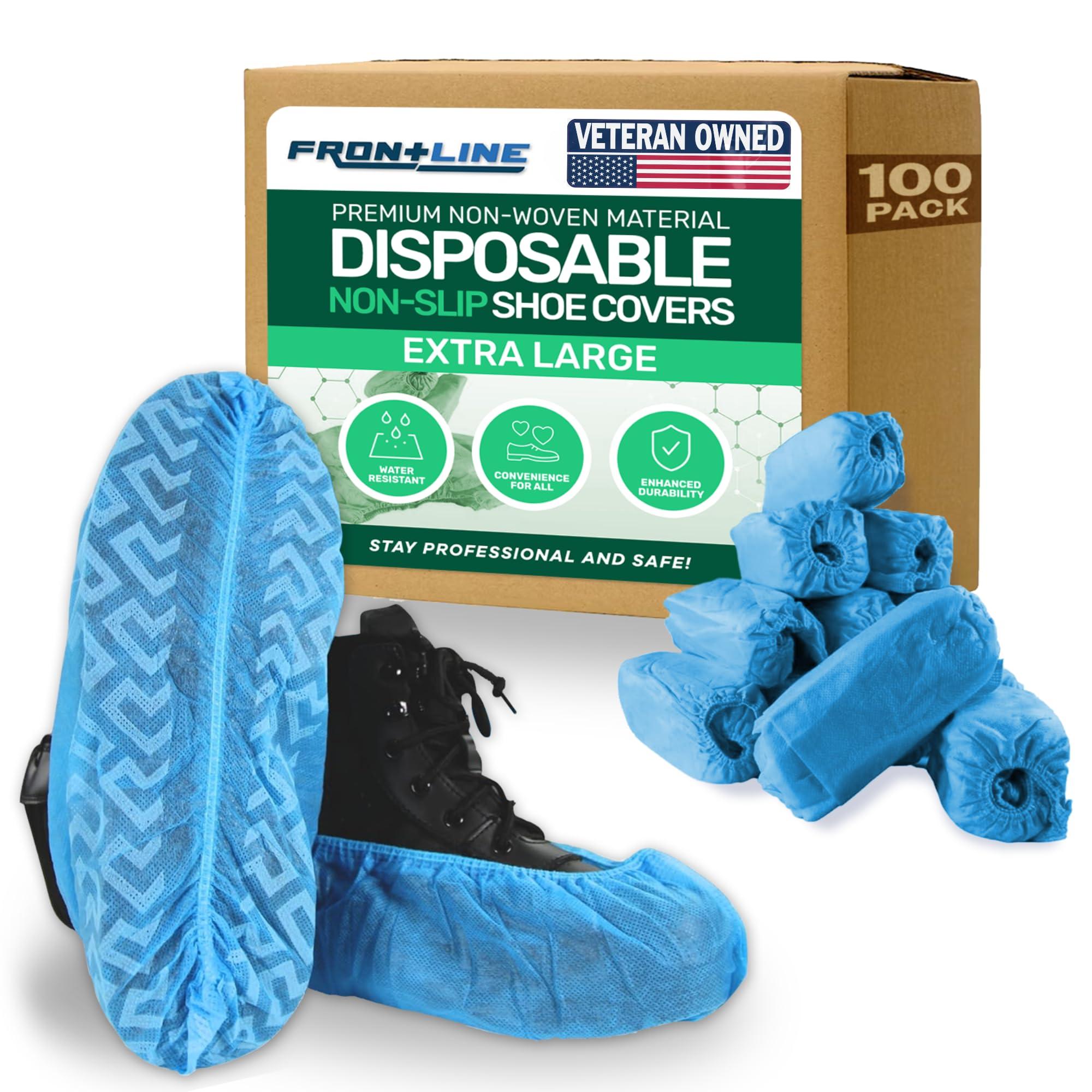 Frontline Disposable Shoe Covers Non-Slip – Premium Non-Woven, Durable, Booties Shoe Protectors – Water Resistant Thick Anti-Slip - One Size Fits Most, Indoor Use (100 Pack)