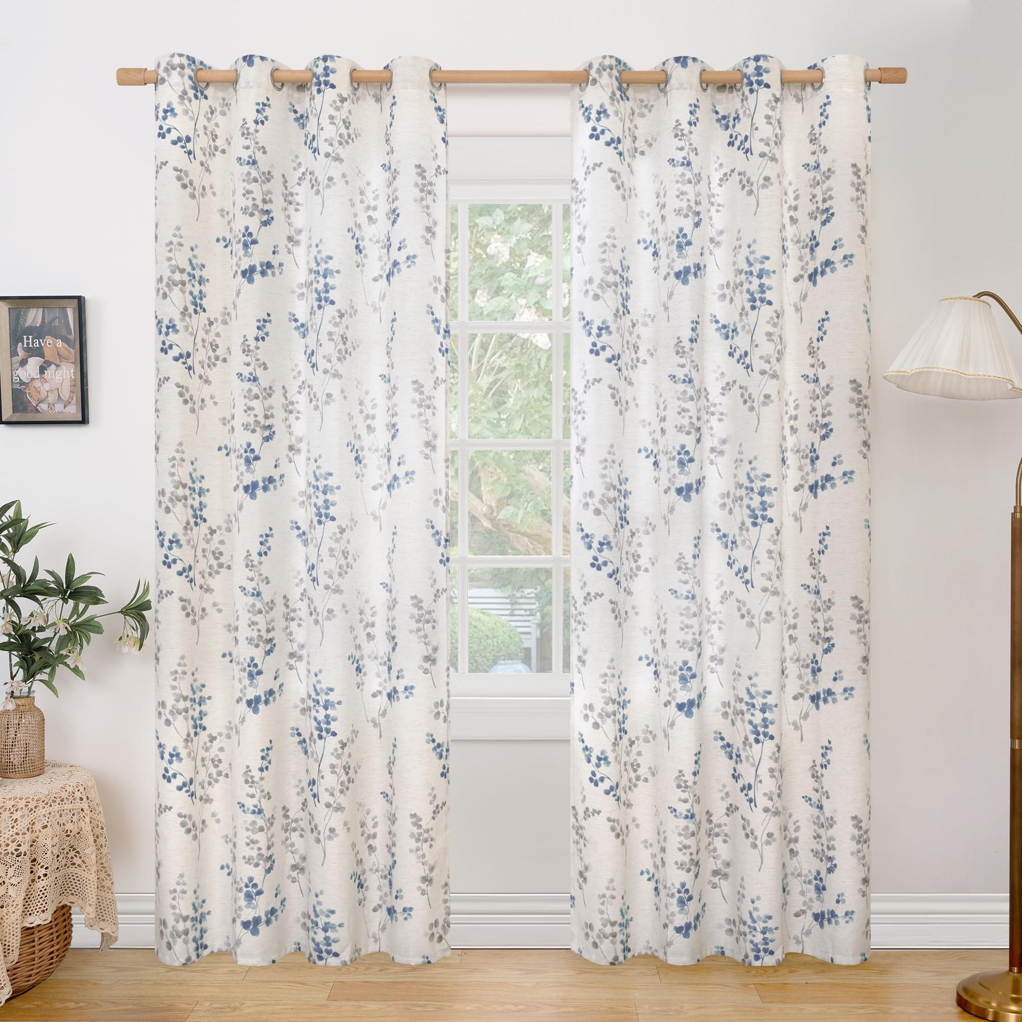 BGment Linen Curtains for Living Room 84 Inch Length 2 Panels Set Floral Leaf Patterns, Light Filtering Privacy Window Curtains for Bedroom Boho Farmhouse Vintage, Each 52 Inch Wide, Navy