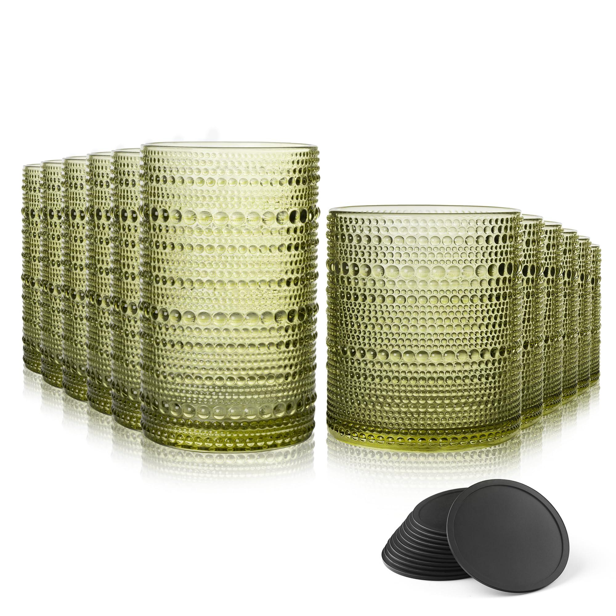 DmmyAlzx Hobnail Drinking Glasses Set of 12 Count, Vintage Glassware, Old Fashioned Glasses, 6 Highball Bubble Drinking Cups 15 oz, 6 Rocks Cups 14.5 oz with 12 Silicone Coasters, Green