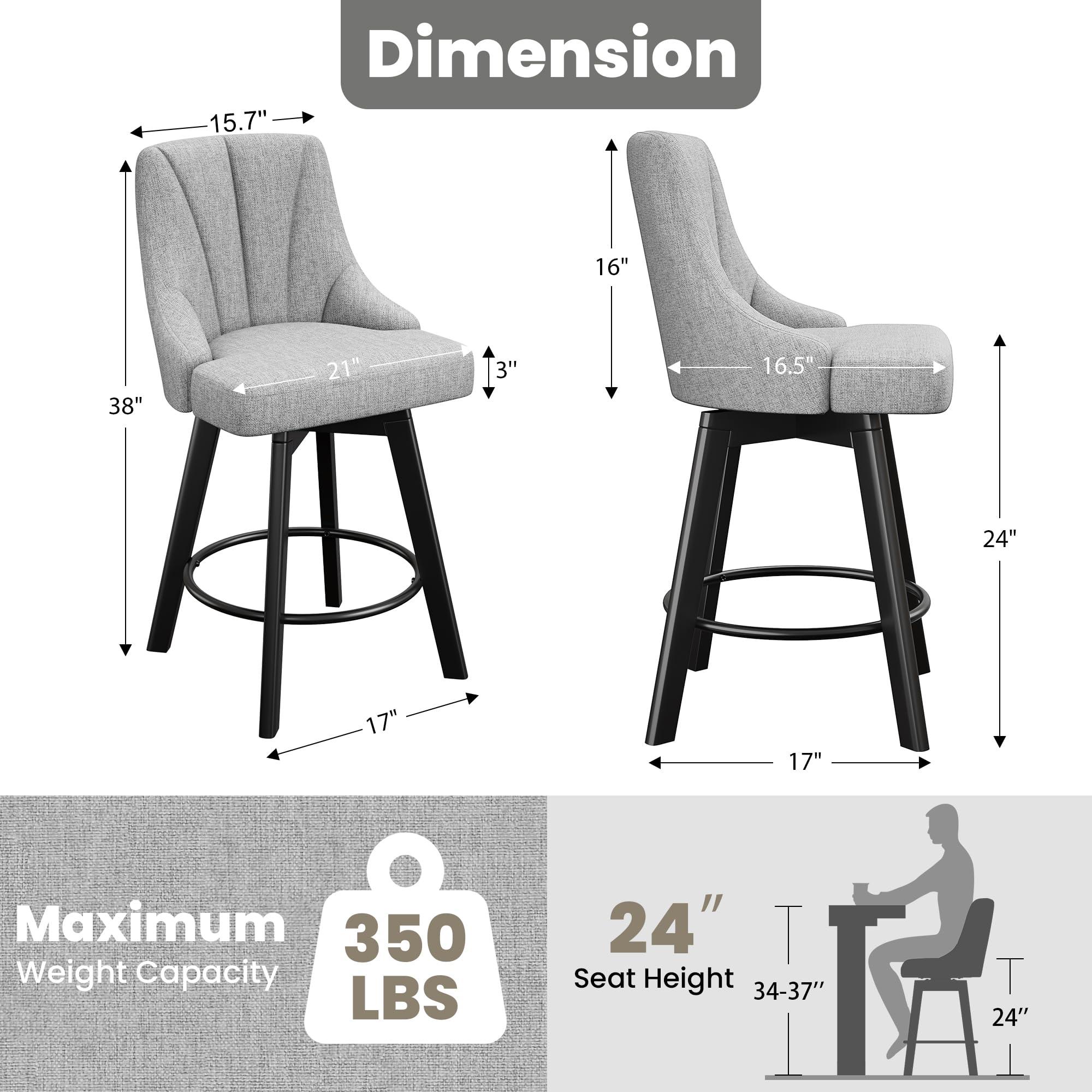 YaFiti Swivel Bar Stools with Backs, 24" Counter Height Bar Stools Set of 2, Fabric Upholstered Counter Barstools with Solid Wood Legs for Kitchen Island, Home Bar, Light Gray - Image 2