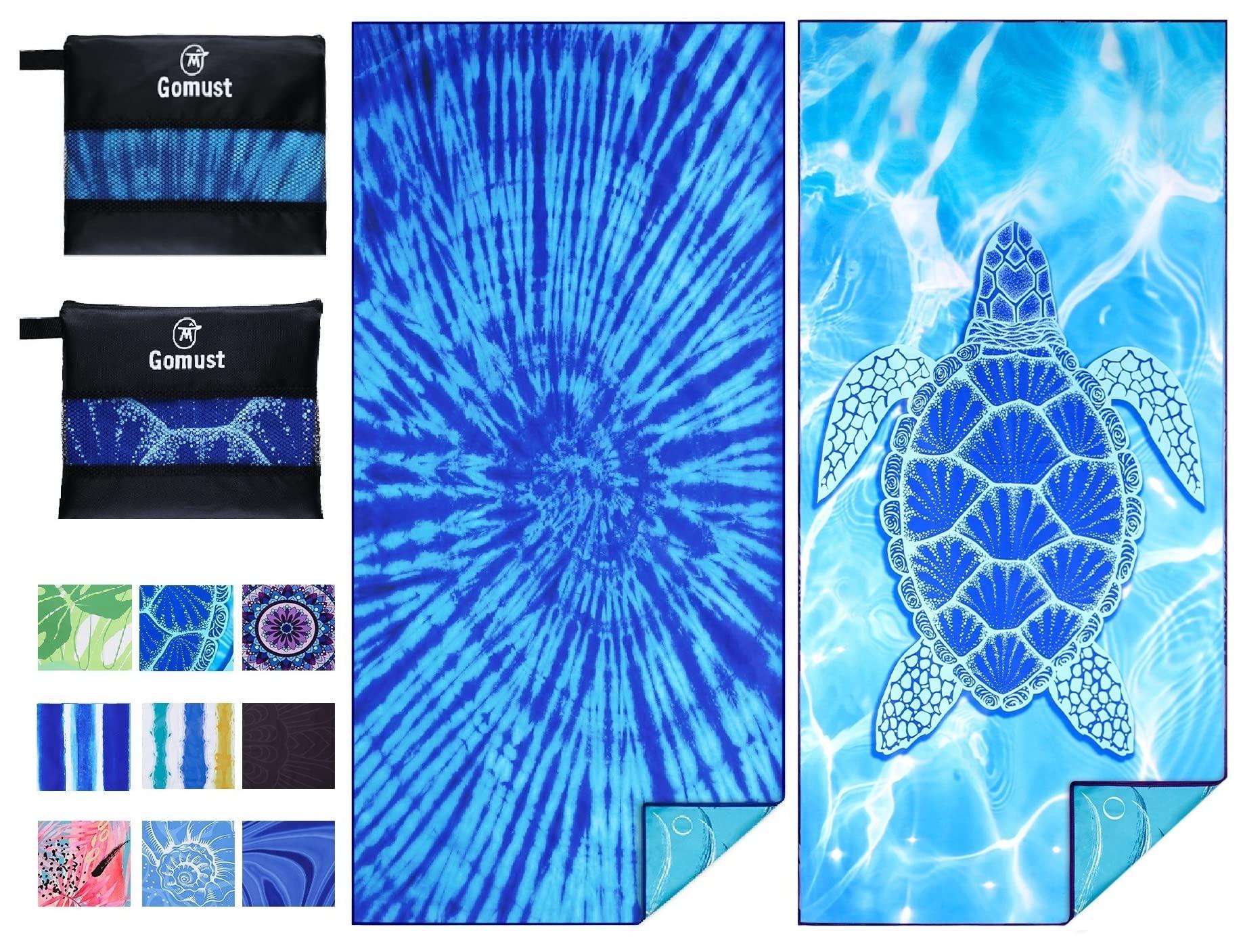 2 Pack Lightweight Thin Beach Towel Oversized 71"x32" Big Extra Large Microfiber Sand Free Towels for Adult Quick Dry Travel Camping Beach Accessories Vacation Essential Gift Blue Tie Dye Turtle