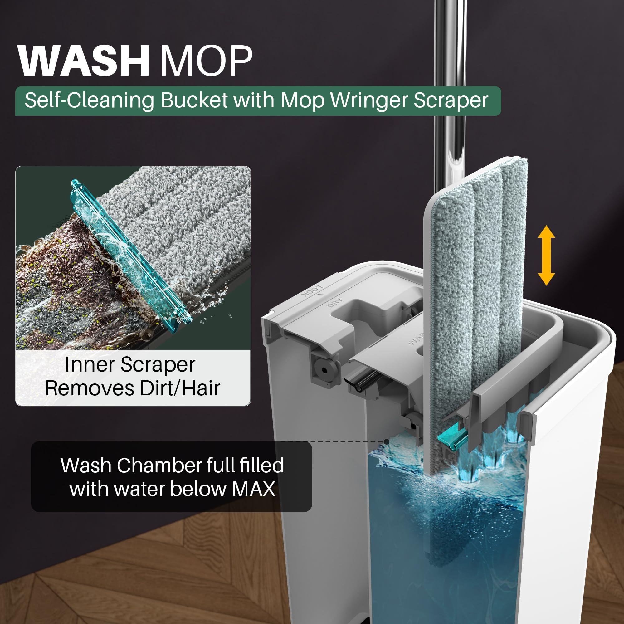 JOYMOOP Mop and Bucket Set with Wringer, Flat Mops for Floor Cleaning, Wall Mop Cleaner with Long Handle, Hardwood Floor Mop with 4 Microfiber Pads - Image 3