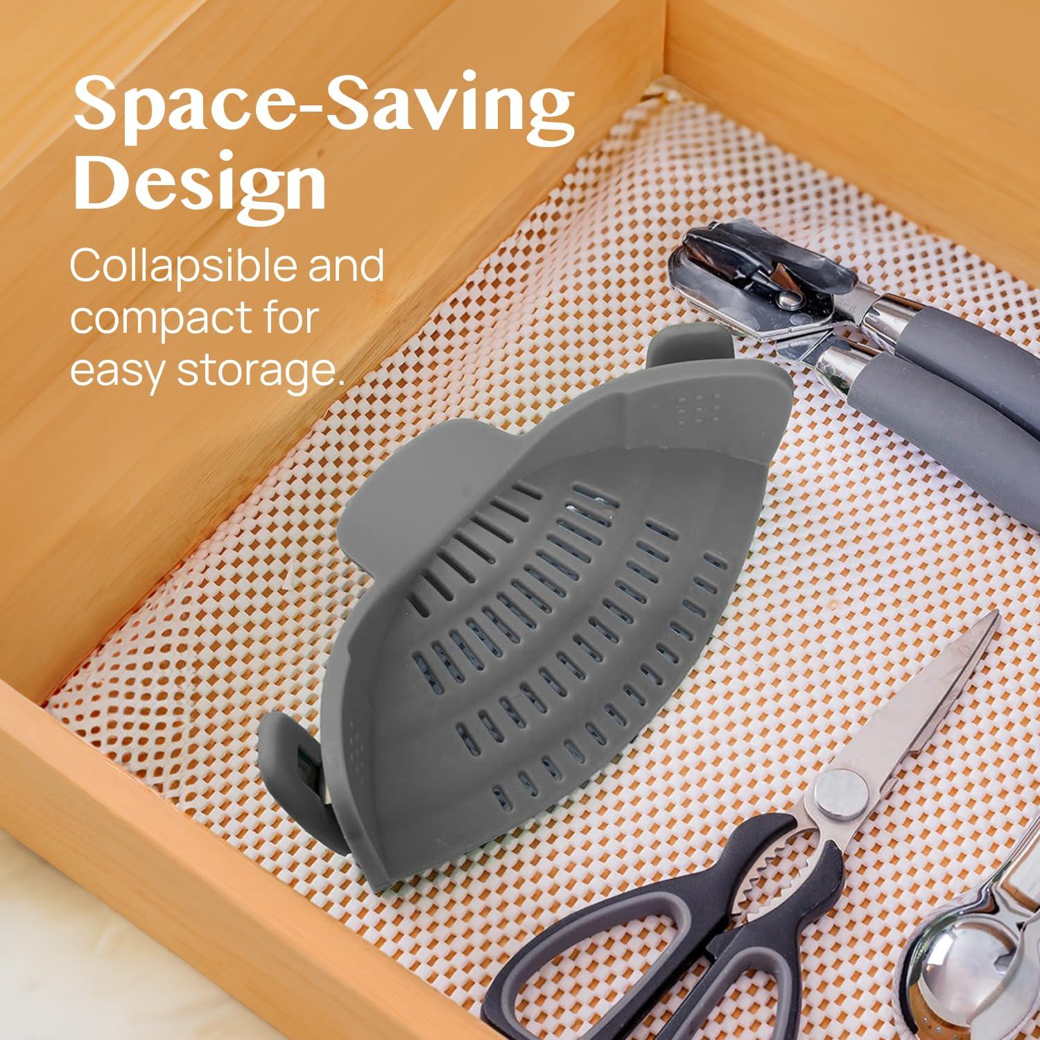 Kitchen Gizmo Snap N' Strain - Silicone Pasta Strainer Clip-On for Pots and Pans - Heat Resistant Colander for Vegetables and Noodles - Kitchen Gadgets for Home Cooking - Space-Saving Design - Gray - Image 5