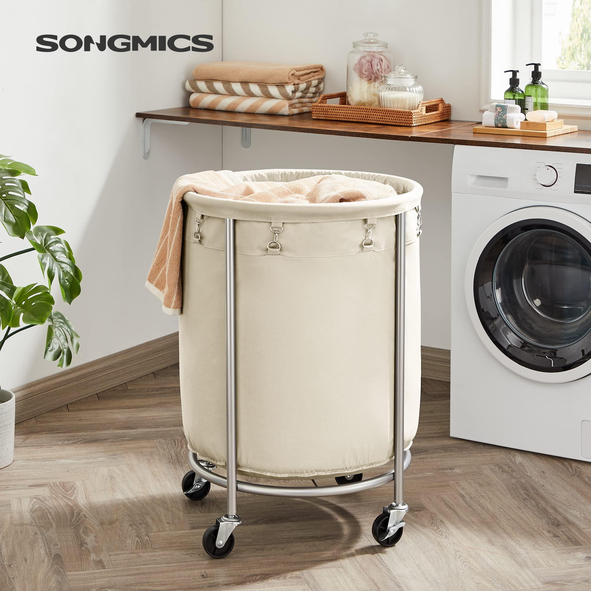 SONGMICS Laundry Basket with Wheels, Rolling Laundry Hamper, 45 Gal., Round Laundry Cart with Steel Frame and Removable Bag, 4 Casters and 2 Brakes, Cream and Silver URLS01MZ - Image 2