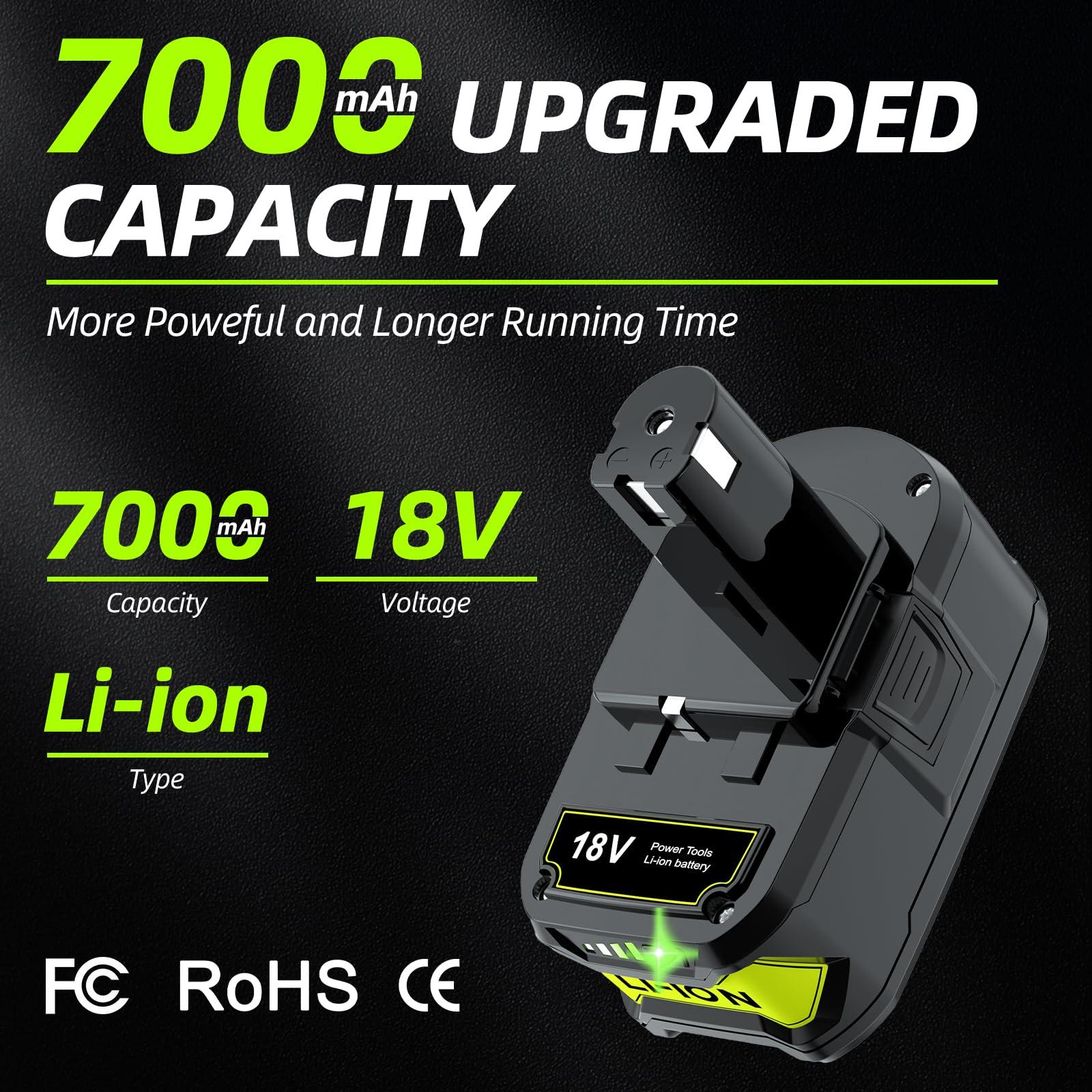 BATTOOL Upgraded 7000mAh Replacement for Ryobi 18V Lithium Battery and Charger Combo Compatible with Ryobi ONE+ 18V Battery P102 P103 P104 P105 P107 P108 P109 Cordless Tools 2Pack with Charger - Image 2