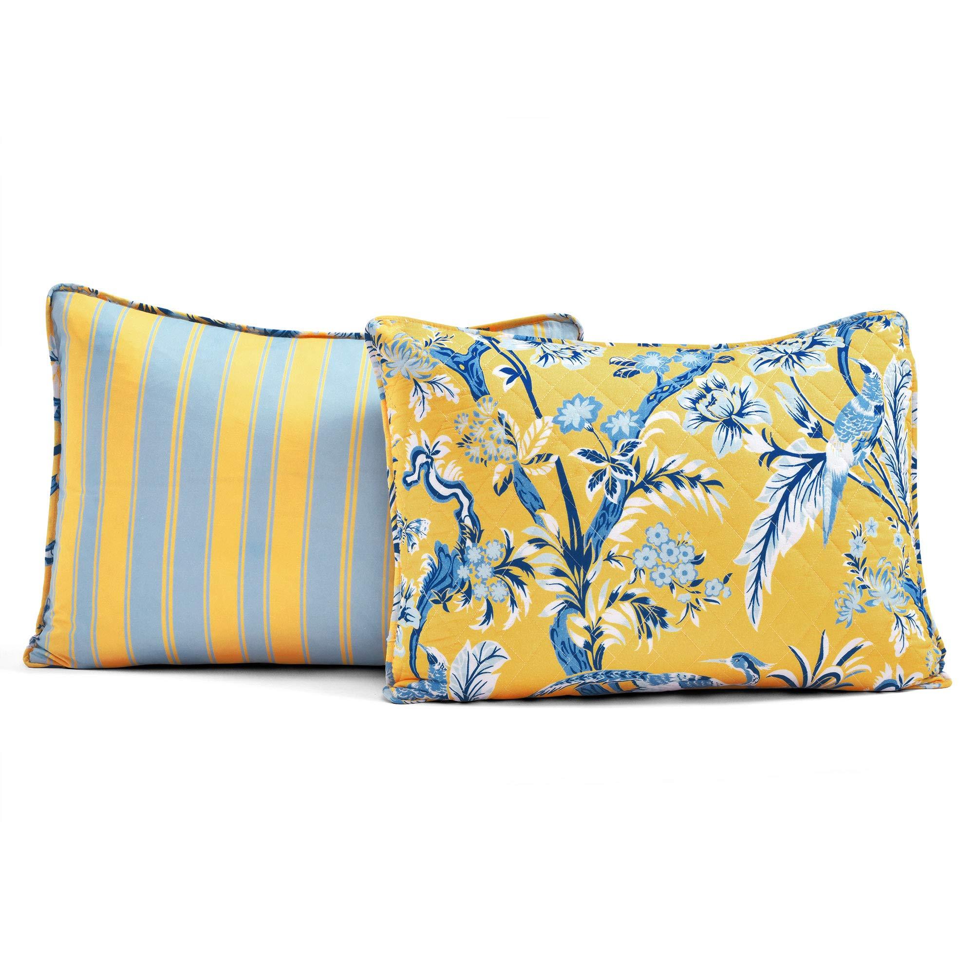 Lush Decor Dolores Reversible Cotton Quilt Set, 3 Piece Set, Full/ Queen, Yellow & Blue - Toile Bedding Set - Floral & Bird Quilt - Cottage, Maximalist & French Country Bedroom Decor - Image 8