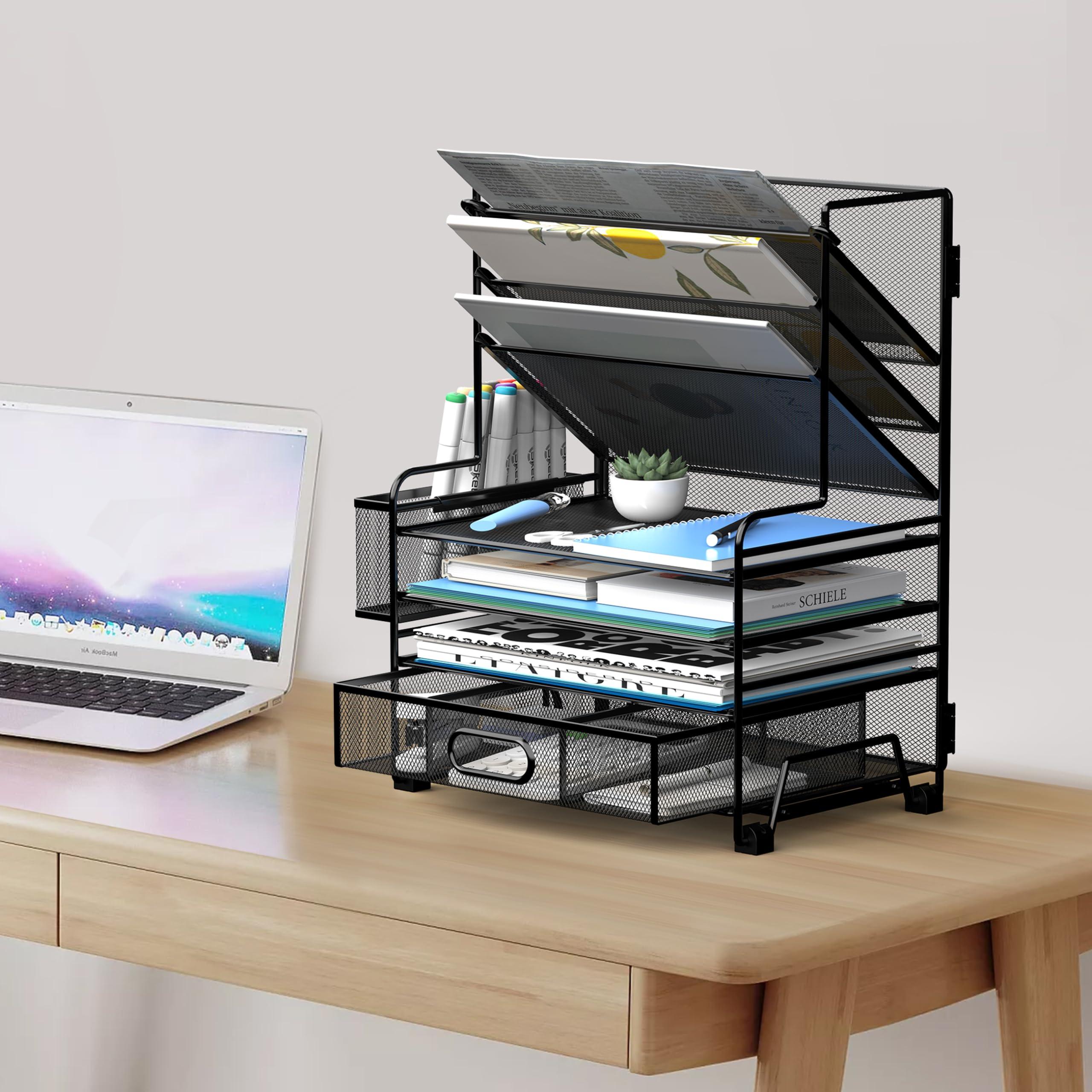 MINDEPOT 4-Tier Paper Organizer + 3-Pocket File Holder + Drawer + Pen Holders, Desktop File Organizers Paper Tray for Office Accessories School Classroom Organization (Black) - Image 2