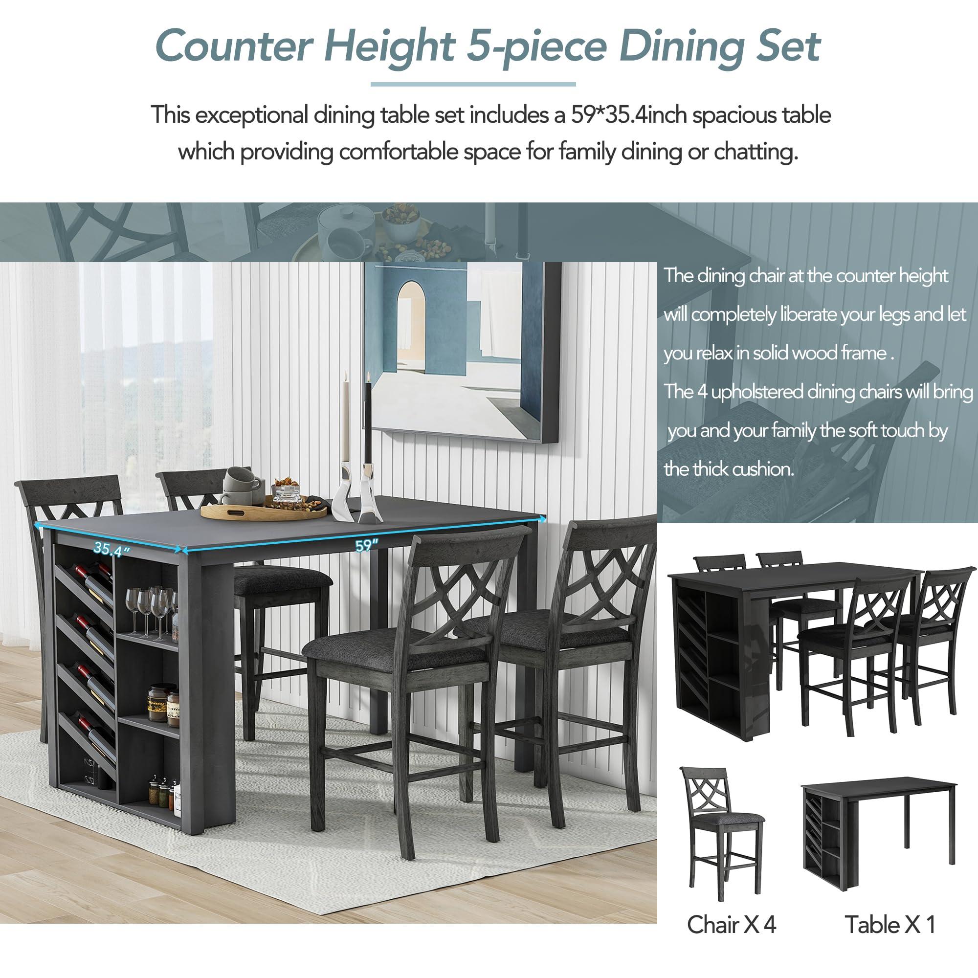 Merax 5 Piece Farmhouse Counter Height Dining Table Set with Wine Rack - Wood Table, 4 Upholstered Chairs for Kitchen Dining Room Grey - Image 5