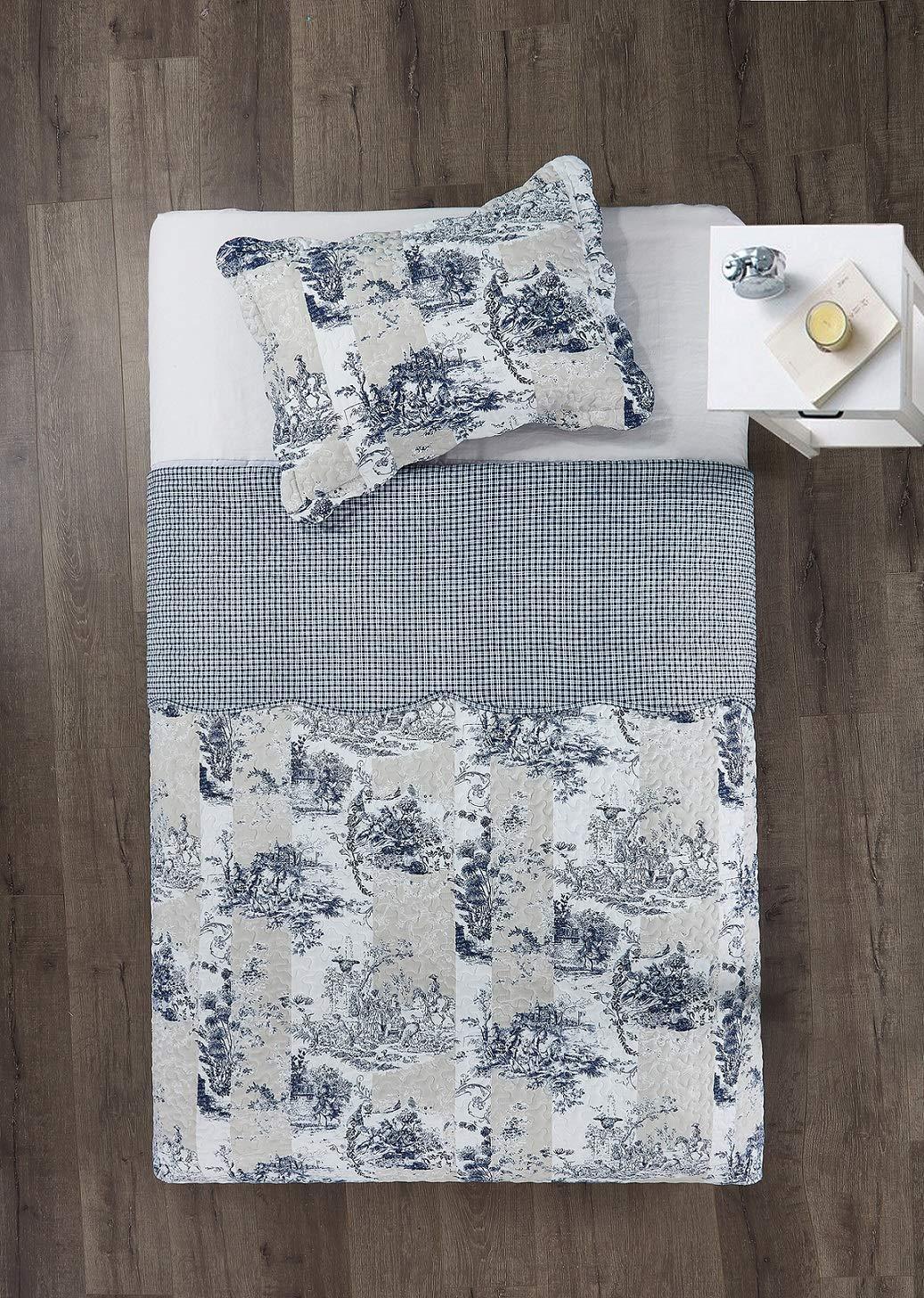 Brilliant Sunshine Blue Toile in Beige and Ivory Patches, 2-Piece Quilt Set with 1 Sham, Reversible Bedspread, Soft Lightweight Coverlet, All-Season, Twin, Blue - Image 7