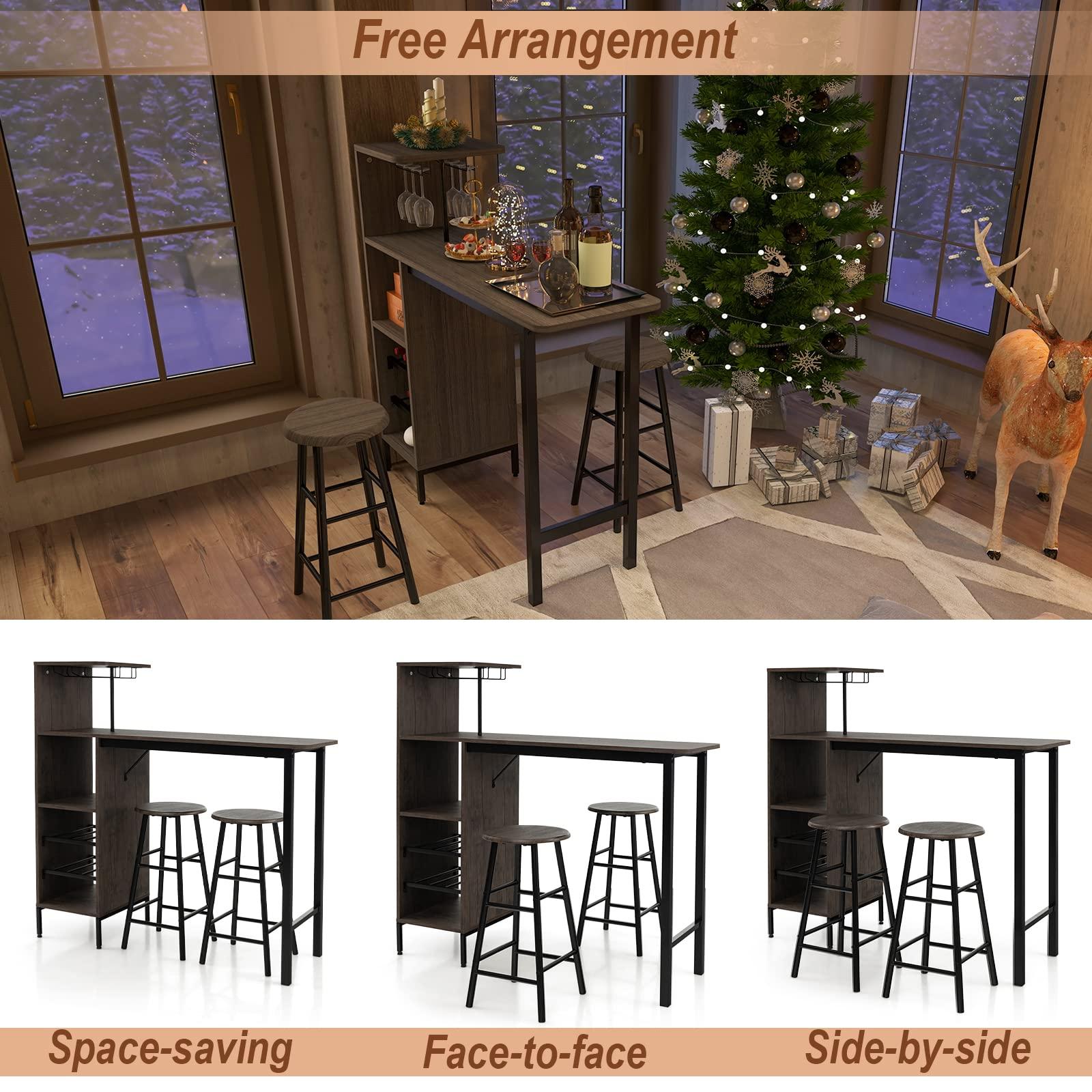COSTWAY 3 Pieces Bar Table and Chair Set, Industrial Pub Table & Stools with Wine Glass Holders & 6-Bottle Wine Racks, Counter Height Dining Table Set for Living Room Dining Room Kitchen, Brown - Image 8