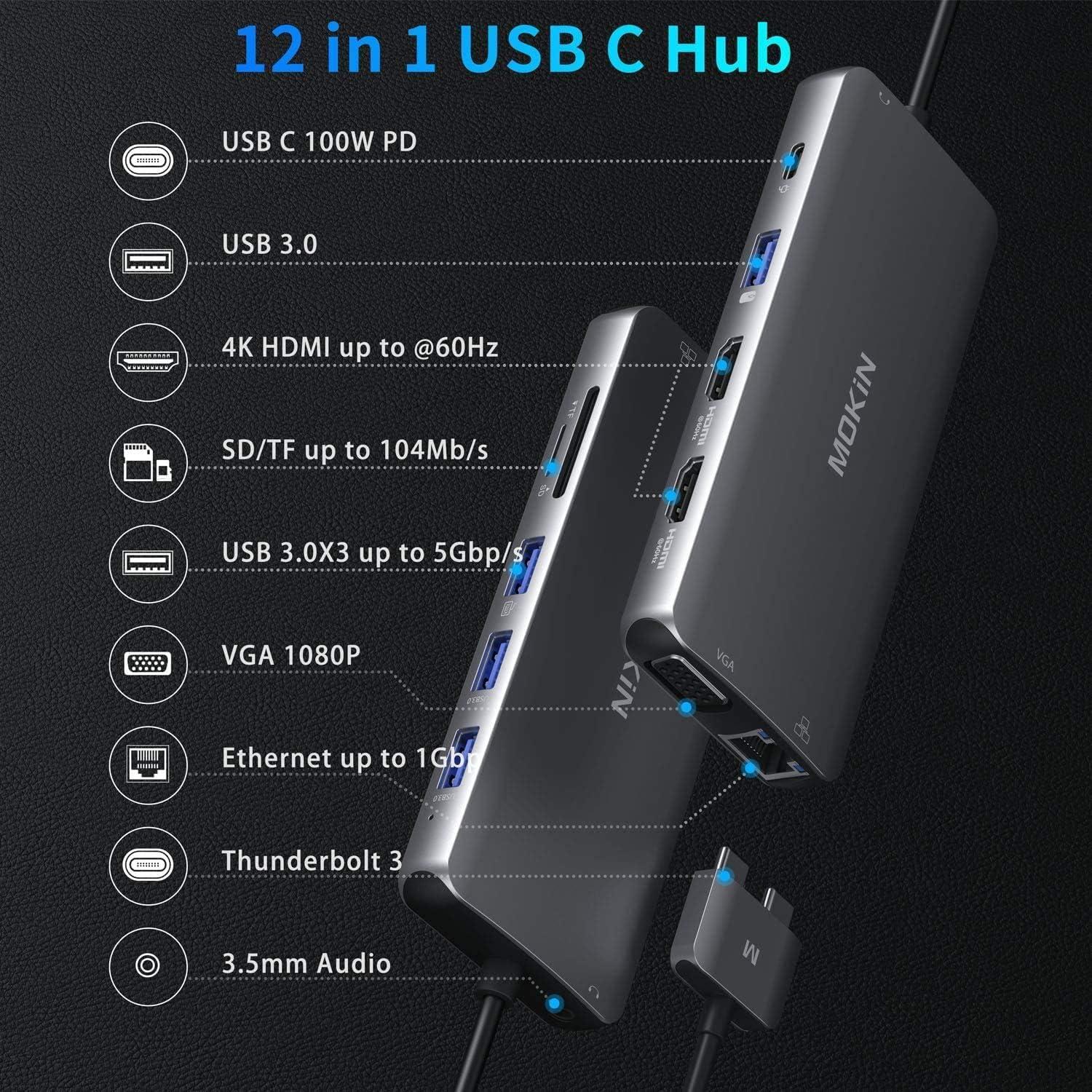 MacBook Pro Docking Station Dual Monitor HDMI Adapter,12 in 1 USB C Adapters for MacBook Pro Air Mac HDMI Dock Dongle Dual USB C to DualHDMI VGA Ethernet AUX 4USB SD/TF100W PD - Image 2