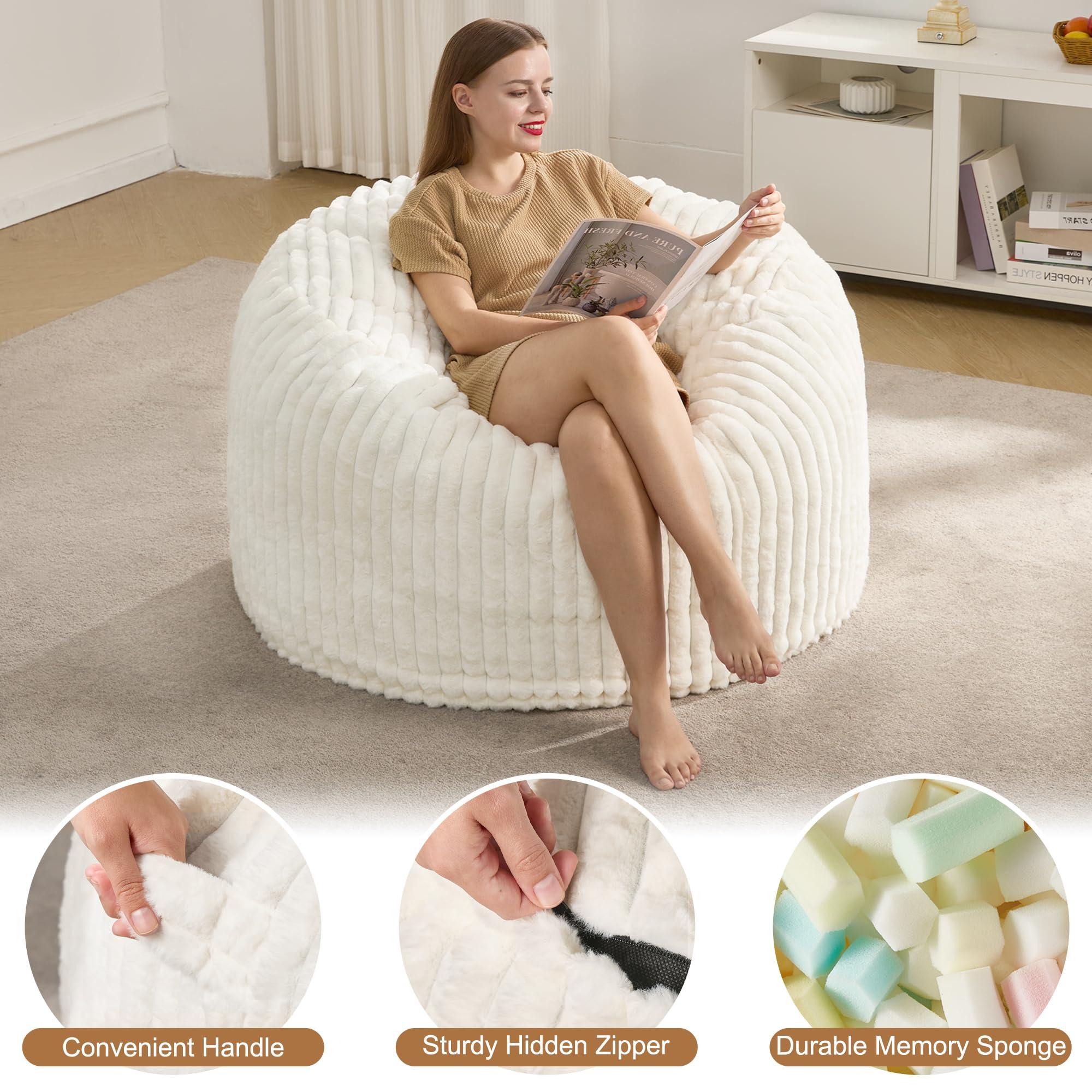 Hobestluk 3ft Bean Bag Chairs for Adults Large Beanbag Chair with Stripe Plush Cover Big Bean Bag Chair for Living Room Bedroom Dorm Office - White (36” x 36” x 22”) - Image 4