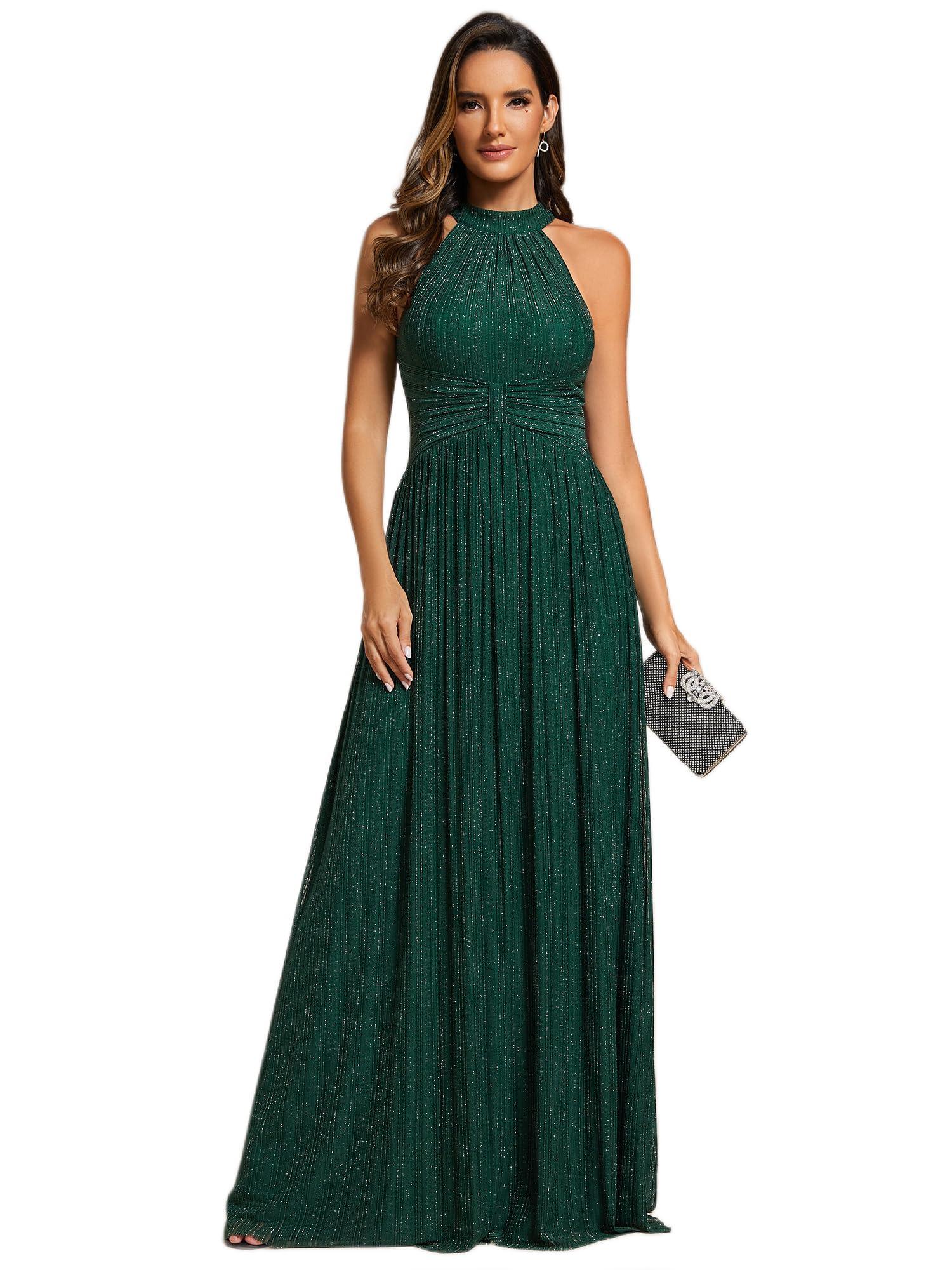 Ever-Pretty Women's Summer Halter Sleeveless Pletaed Floor Length Glitter Formal Evening Gowns 41961