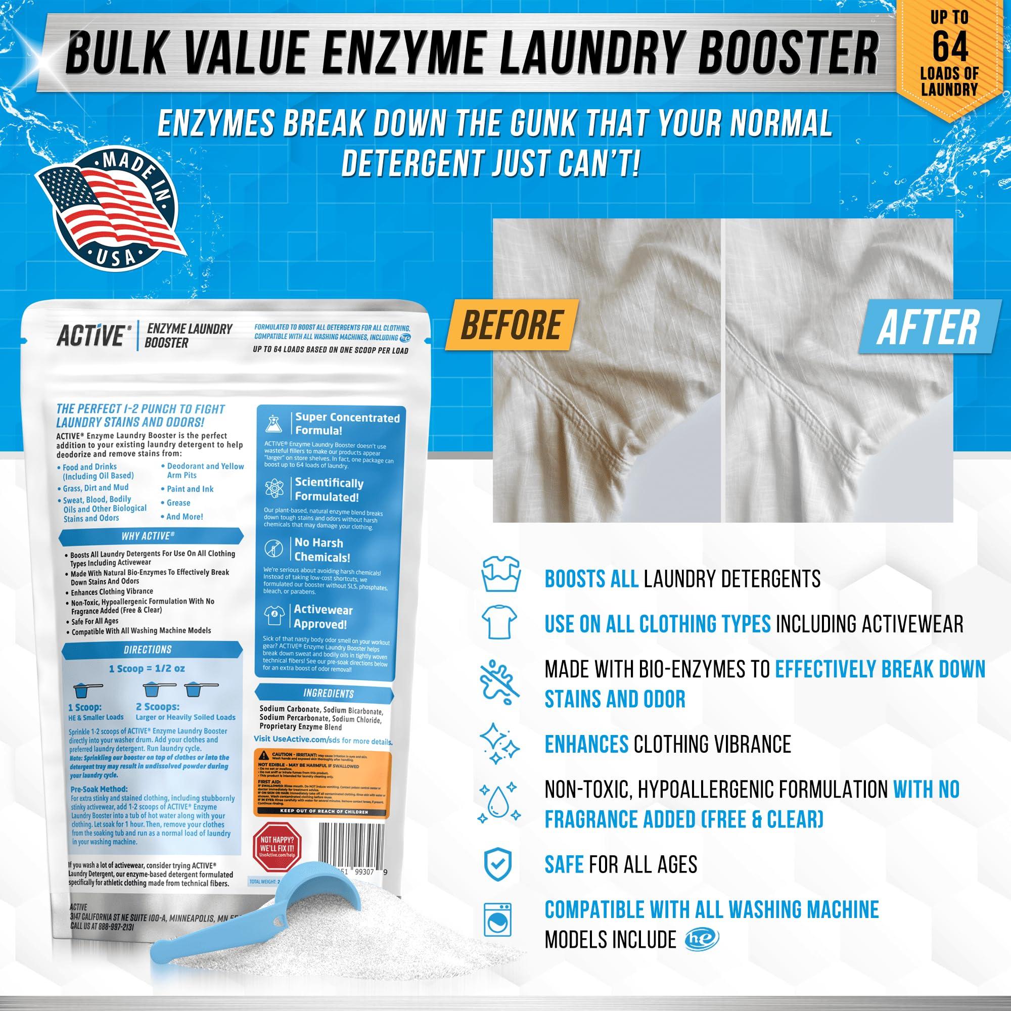 Enzyme Laundry Booster Odor Remover - 2 lbs Unscented Enzymatic Clothes Stain Cleaner Powder, Natural Deodorizer with Bio Active Enzymes, Detergent Additive Eliminator for Sweat, Oil, Blood - 64 Loads - Image 2