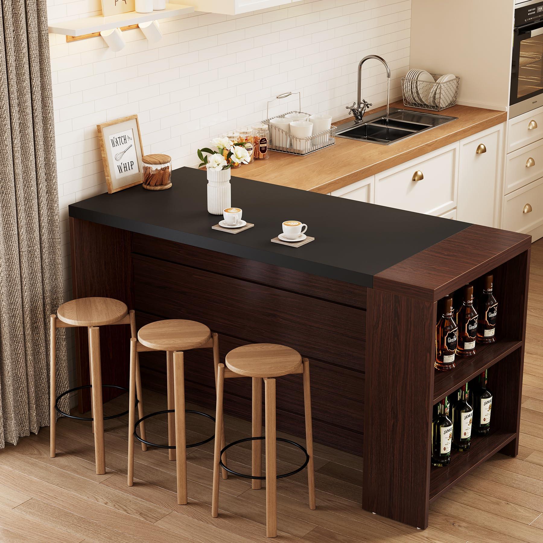 LITTLE TREE 55 Inches Modern Wooden Kitchen Island with Large Worktop & Leg Room, 4-Tier Storage Cabinet for Dining Room, Coffee Bar Table Cabinet for Living Room - Image 5