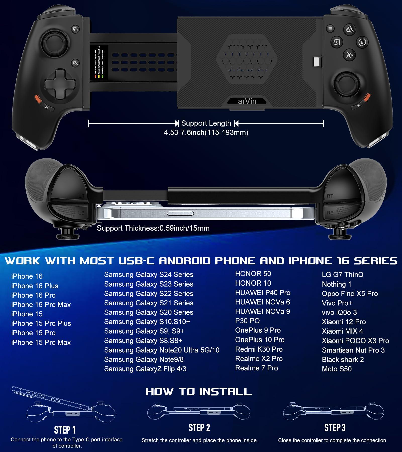 arVin USB C Mobile Gaming Controller for iPhone 16/15 Series & Android (Typc-C) Remote Player Gamepad with Hall Joysticks/Hall Trigger/3.5mm Audio Jack/APP Customized Keys/Cloud Gaming/Remote Play - Image 4