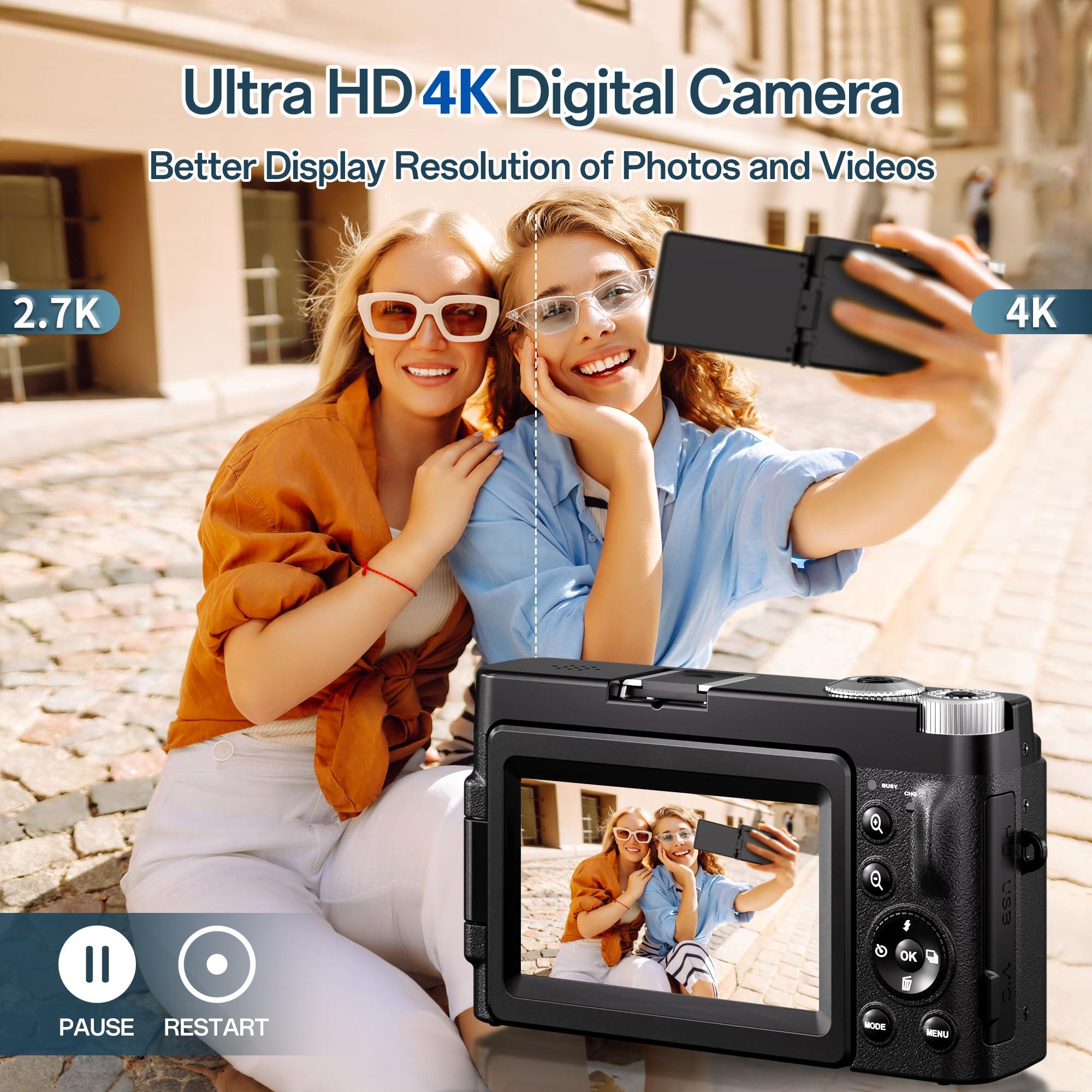 4K Digital Camera for Photography, 48MP Autofocus Vlogging Camera for YouTube with 3'' 180°Flip Screen, 16X Digital Zoom Anti-Shake with SD Card, 2 Batteries & Charging Stand - Image 2
