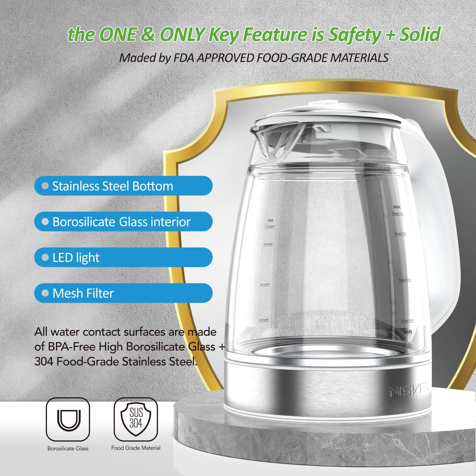 NISVITU, Double Glass Stainless Steel Cordless Electric kettle for boiling water, Hot water boiler Electric Tea Kettle automatic shut off Boil-Dry Protection Anti-Scald 1.7L 1500W, White - Image 8