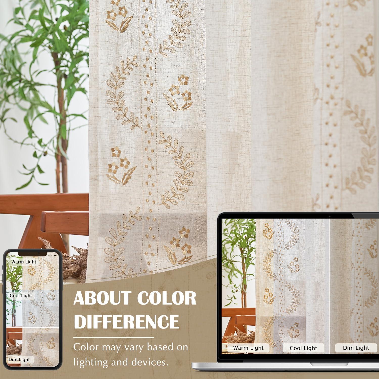 jinchan Linen Curtains for Bedroom Floral Curtains 84 Inch Length Linen Blend Beige Embroidered Drapes Farmhouse Flower Patterned Drapes for Living Room Window Treatments Set 2 Panels - Image 7