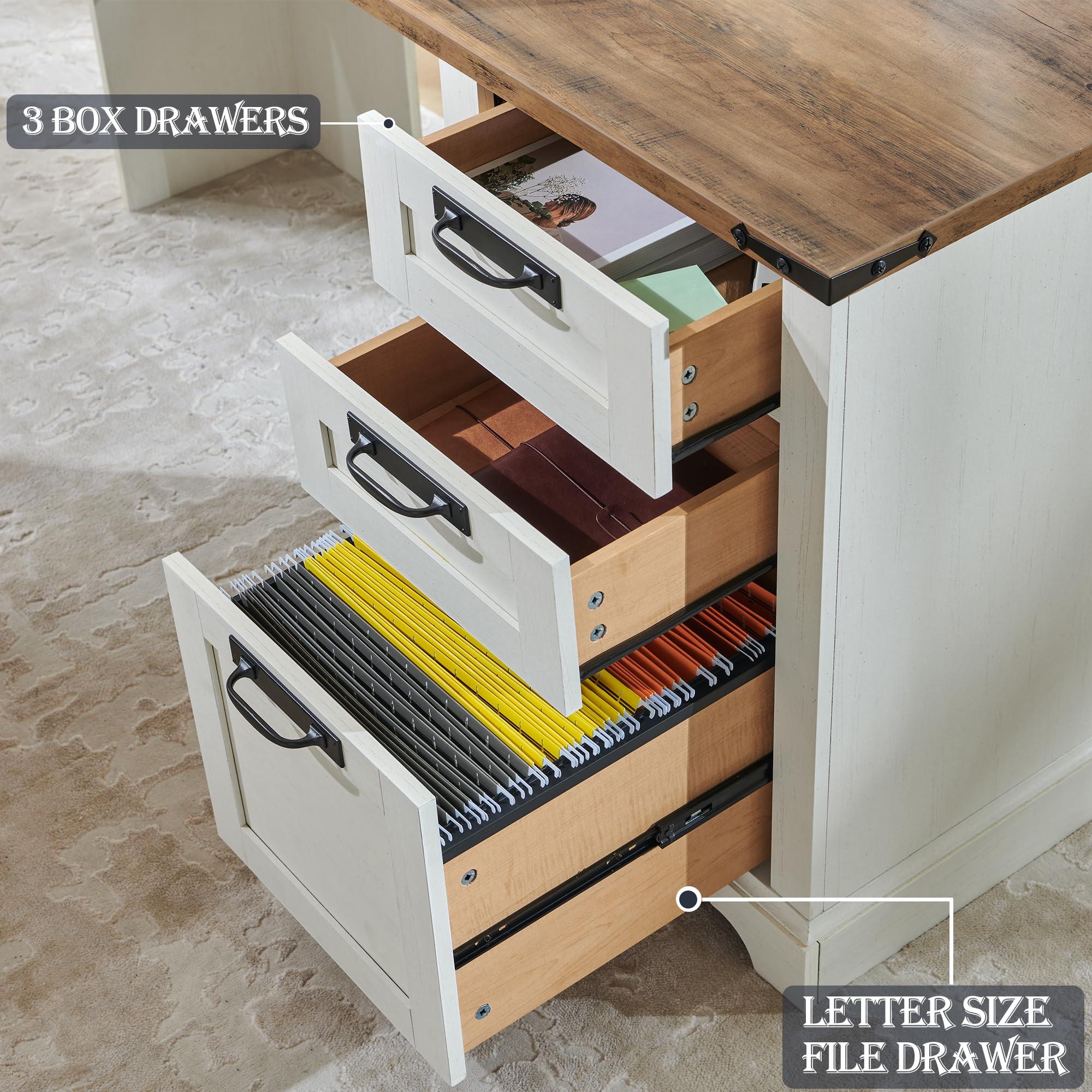 RedLemon 60" Farmhouse L Shaped Executive Desk with Drawers, Wood Home Office Corner Desk with Charging Station, File Drawer, Storage Cabinet, Rustic Computer Writing Desk (Antique White) - Image 4
