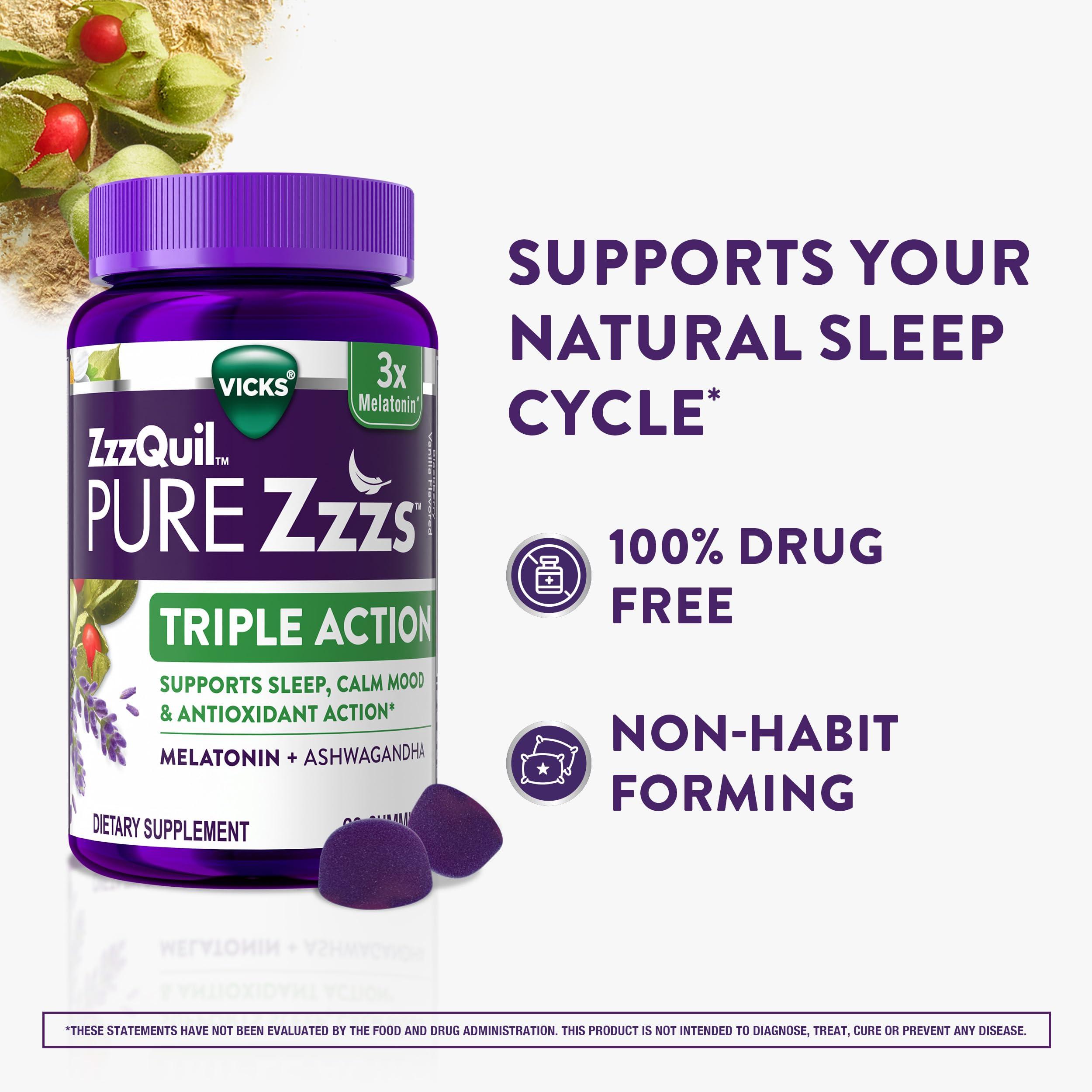 ZzzQuil PURE Zzzs Triple Action, Melatonin Gummies, Melatonin 6mg, 3X Melatonin, Sleep Aid with Ashwagandha, Calm Mood, Antioxidant Action, Sleep Aids for Adults, 60 Sleep Gummies - Image 3