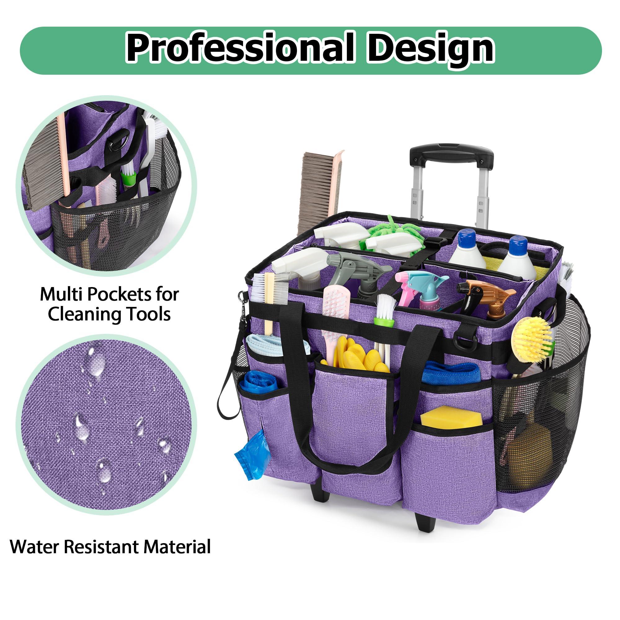 LoDrid Rolling Cleaning Bag with Detachable Trolley, Professional Cleaning Caddy with Shoulder Strap for Housekeepers, Portable Cart on Wheels for Supplies, Purple (Patent Design) - Image 4