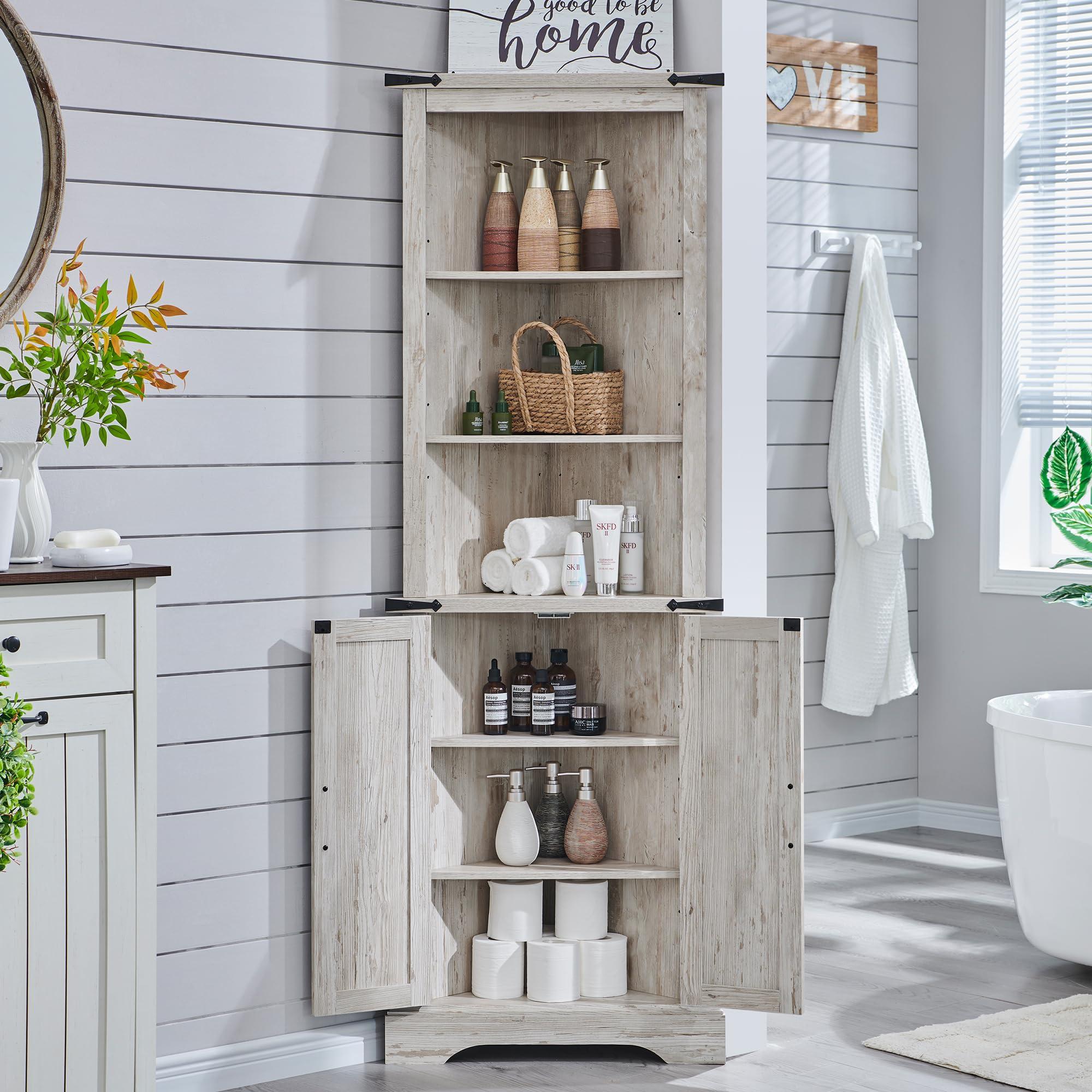 OKD Tall Corner Cabinet, Farmhouse Storage Cabinet with Barn Door Design & Adjustable Shelves, Home Space Saver for Bathroom, Living Room, Antique Brush White - Image 7